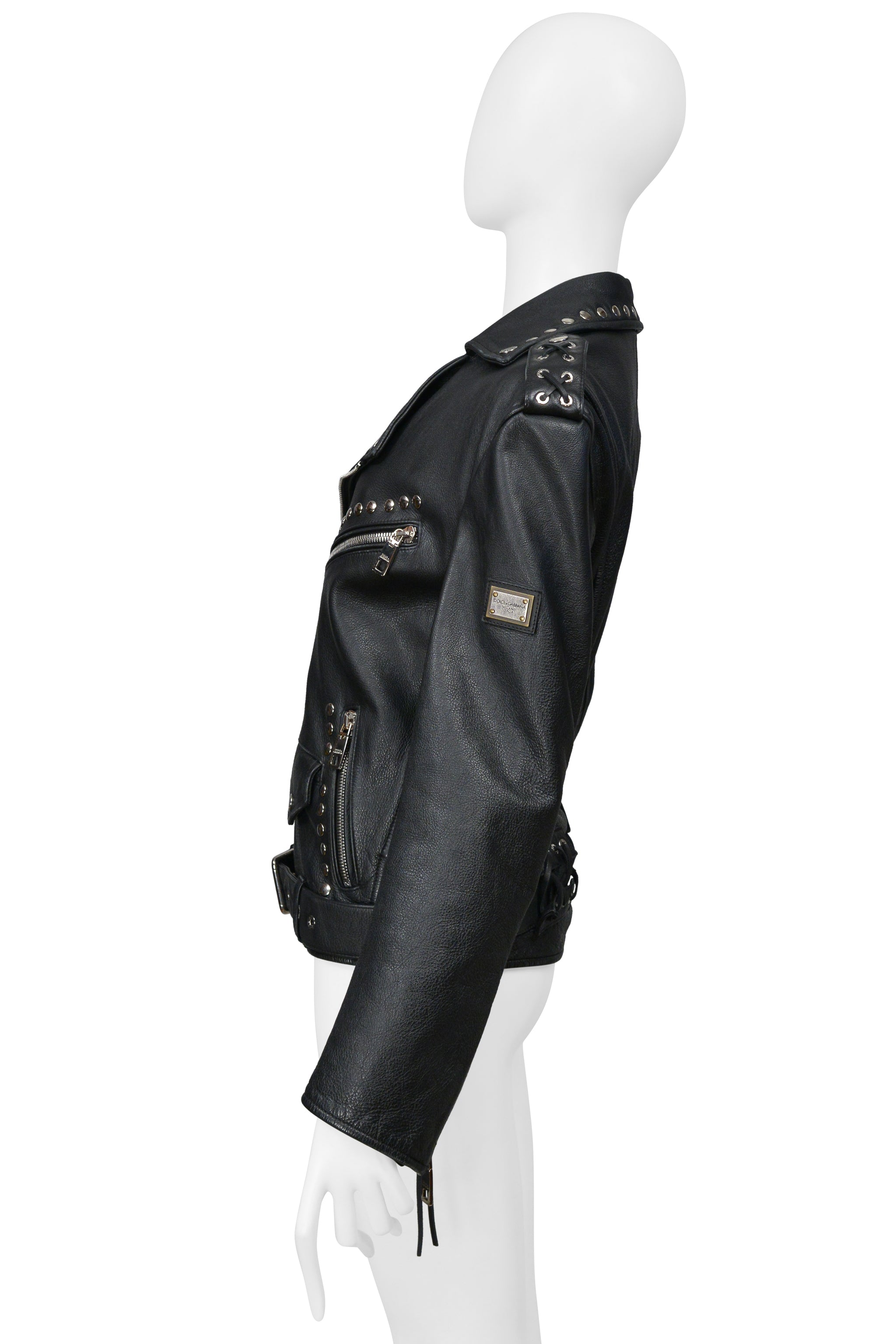 DOLCE & GABBANA BLACK OVERSIZED LEATHER JACKET WITH STUDS AND BELT 2022