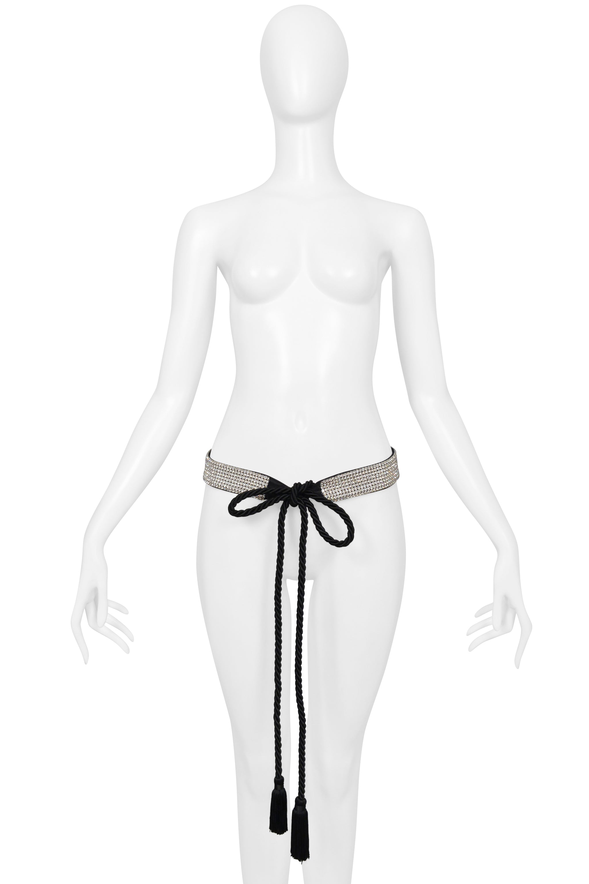 DOLCE & GABBANA BLACK SATIN BELT WITH RHINESTONES AND TASSELS