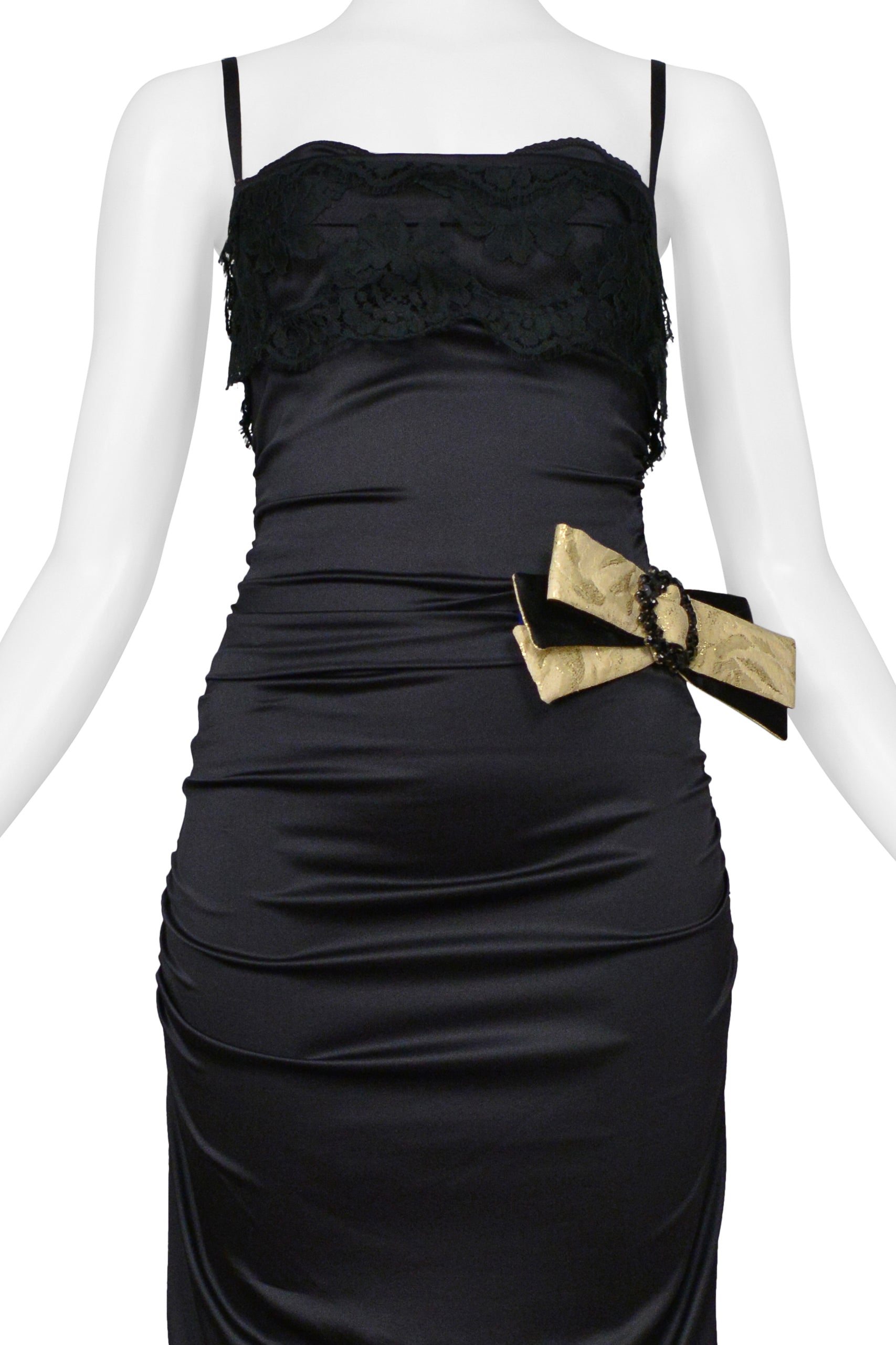 DOLCE & GABBANA BLACK SATIN DRESS EVENING GOWN WITH LACE AND GOLD BOW WITH CRYSTALS