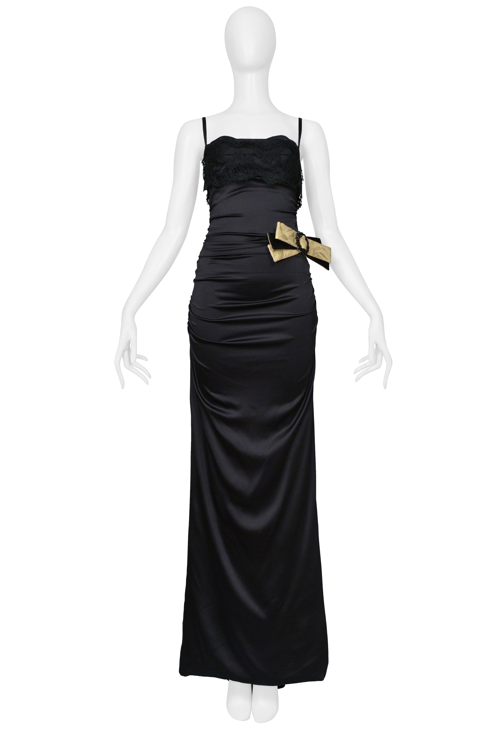 DOLCE & GABBANA BLACK SATIN DRESS EVENING GOWN WITH LACE AND GOLD BOW WITH CRYSTALS