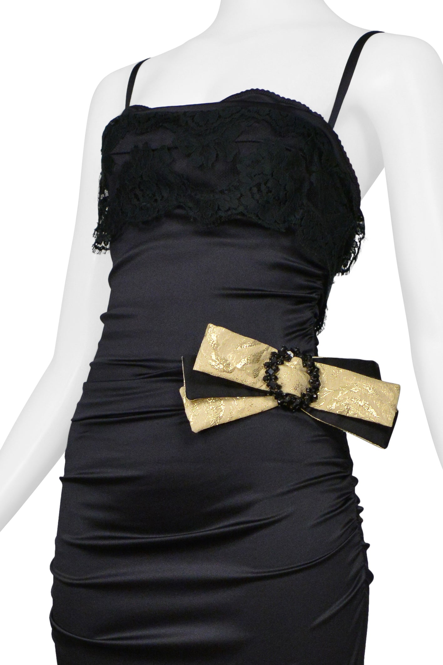 DOLCE & GABBANA BLACK SATIN DRESS EVENING GOWN WITH LACE AND GOLD BOW WITH CRYSTALS