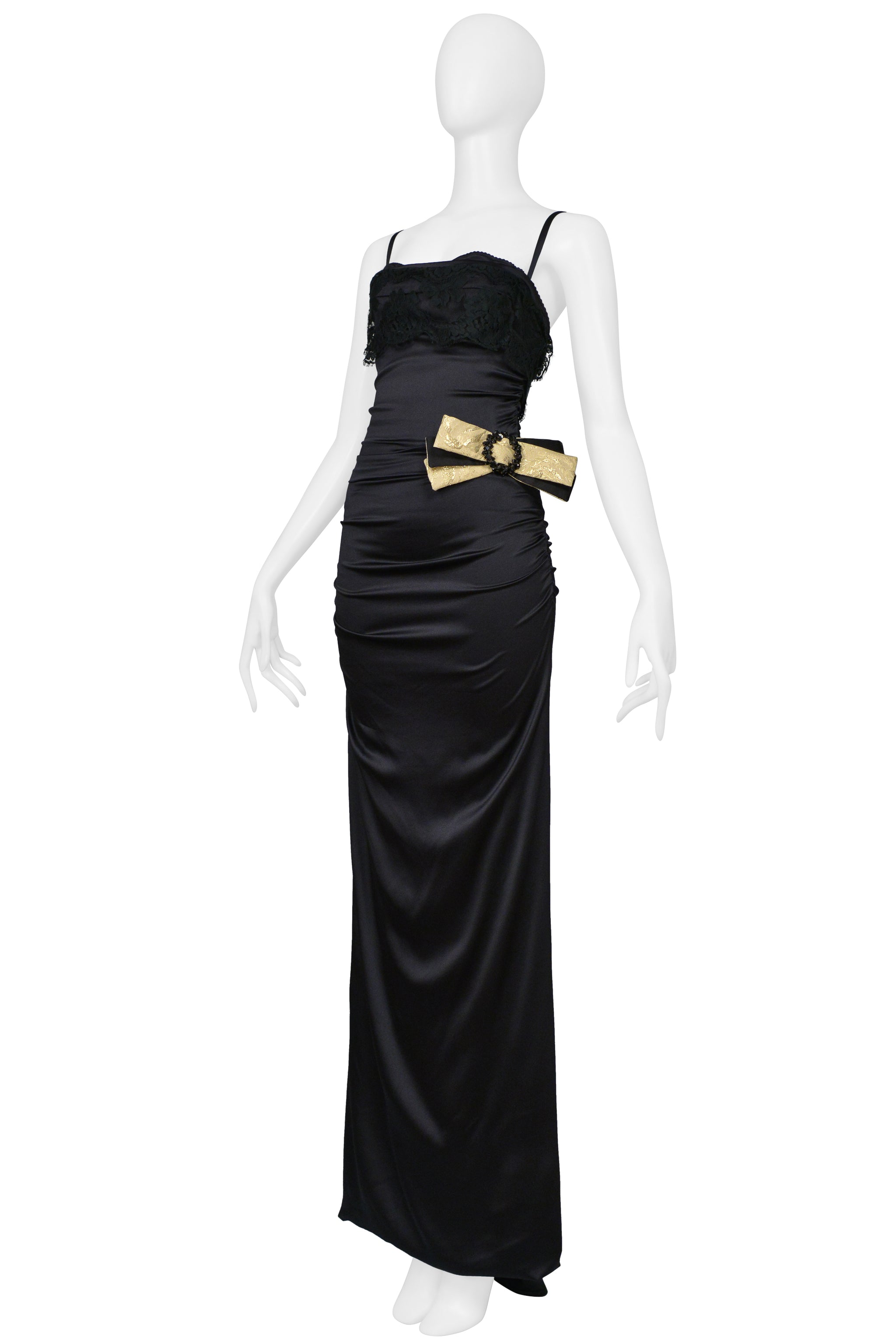 DOLCE & GABBANA BLACK SATIN DRESS EVENING GOWN WITH LACE AND GOLD BOW WITH CRYSTALS