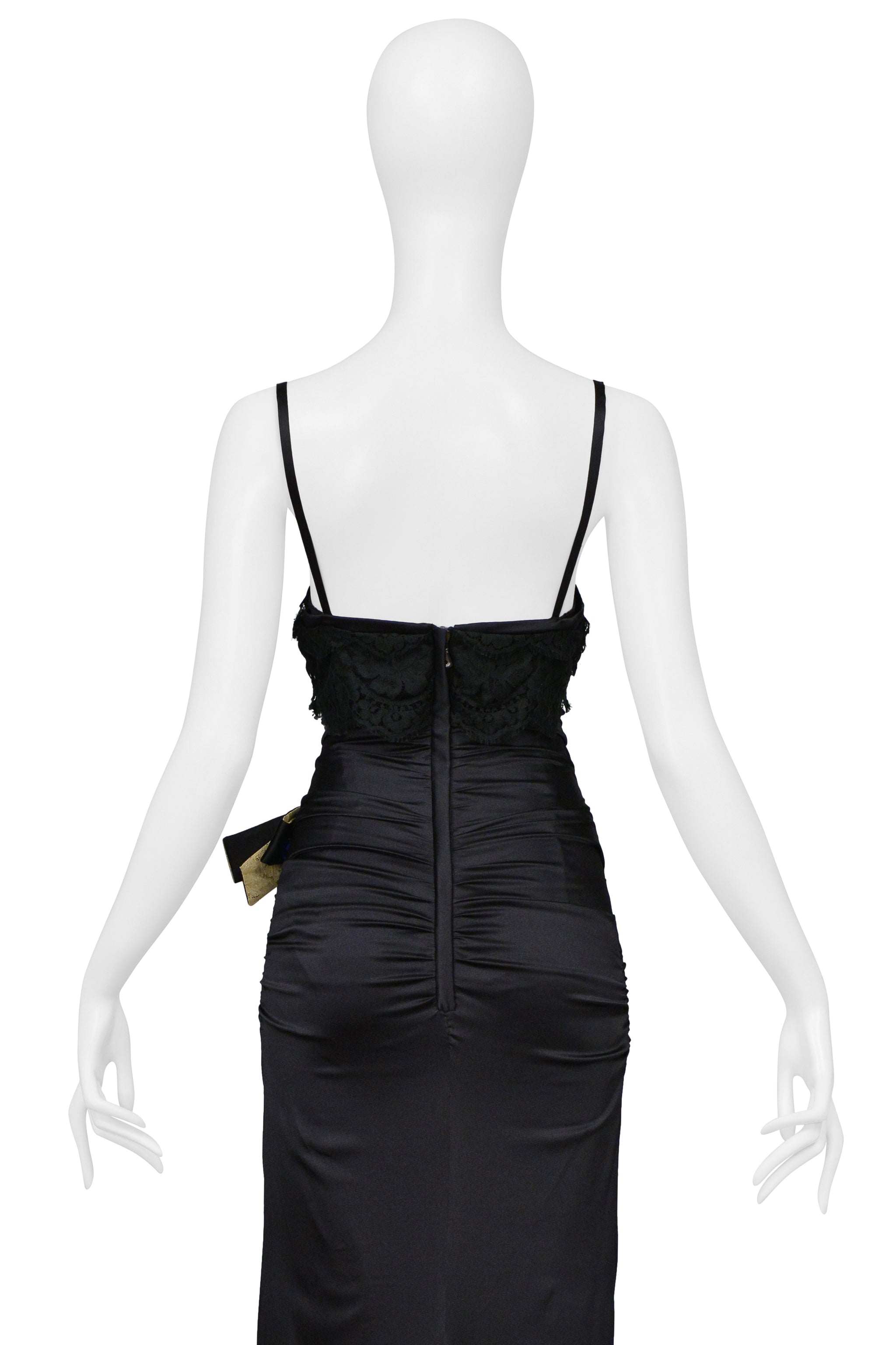 DOLCE & GABBANA BLACK SATIN DRESS EVENING GOWN WITH LACE AND GOLD BOW WITH CRYSTALS