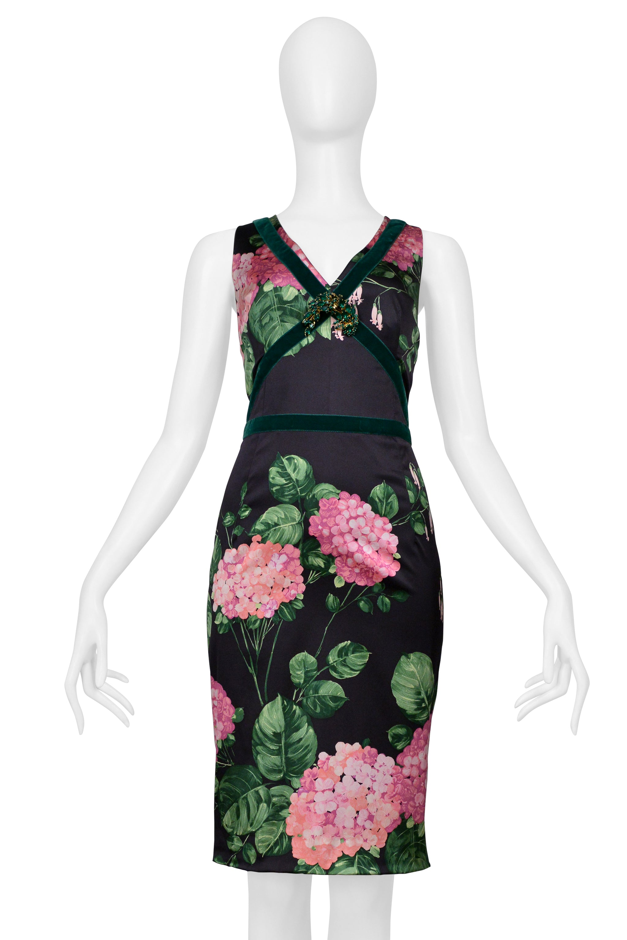 DOLCE & GABBANA CHARCOAL SATIN DRESS WITH PINK FLORAL PRINT, GREEN VELVET TRIM AND EMERALD BROOCH