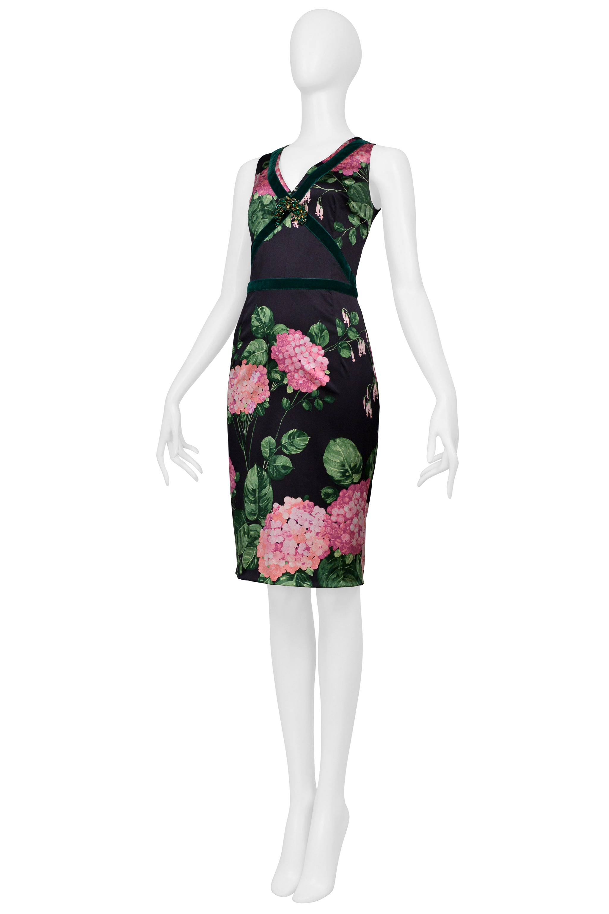 DOLCE & GABBANA CHARCOAL SATIN DRESS WITH PINK FLORAL PRINT, GREEN VELVET TRIM AND EMERALD BROOCH