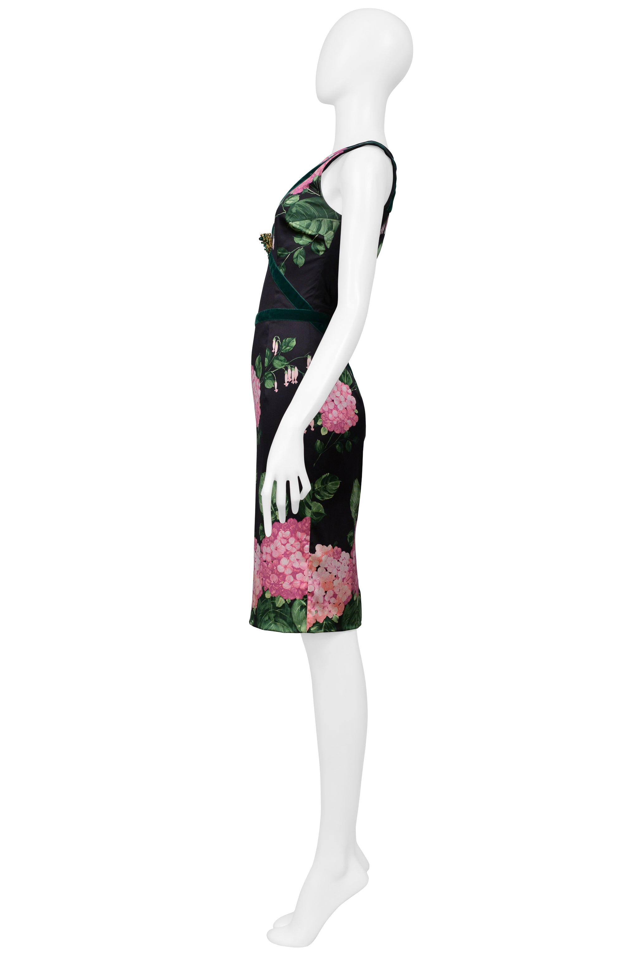 DOLCE & GABBANA CHARCOAL SATIN DRESS WITH PINK FLORAL PRINT, GREEN VELVET TRIM AND EMERALD BROOCH