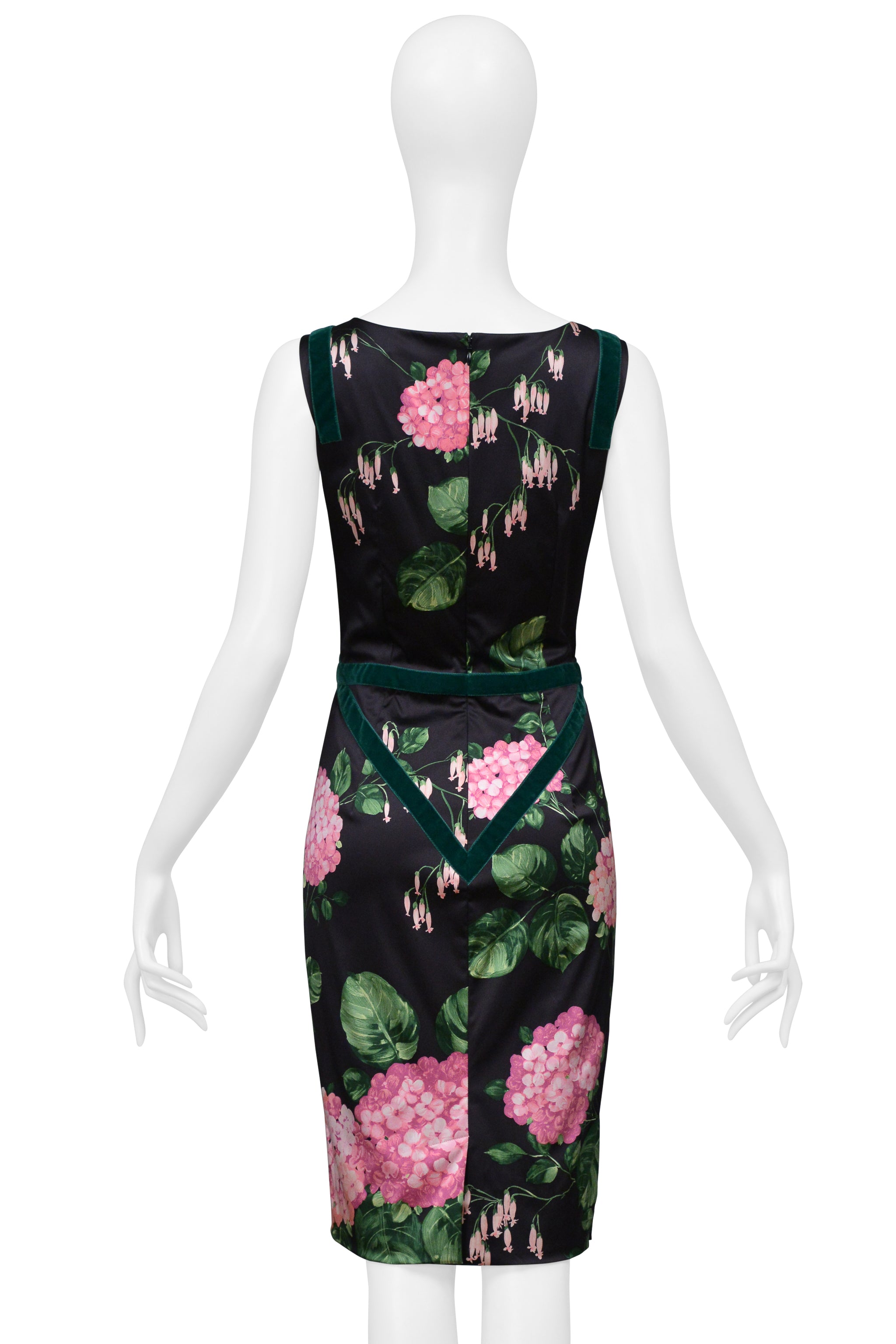 DOLCE & GABBANA CHARCOAL SATIN DRESS WITH PINK FLORAL PRINT, GREEN VELVET TRIM AND EMERALD BROOCH