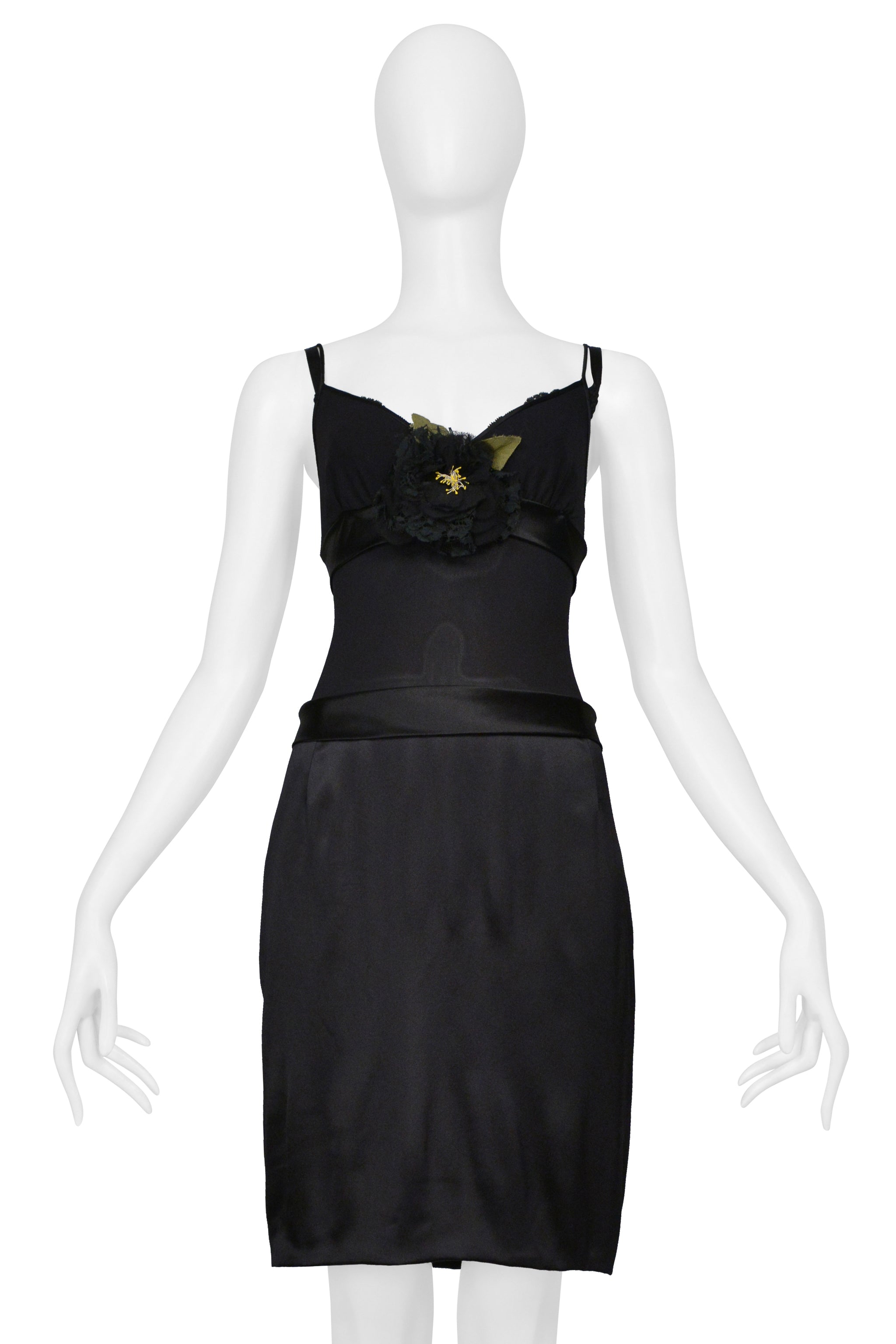 DOLCE & GABBANA BLACK SATIN SLIP DRESS WITH FLOWER