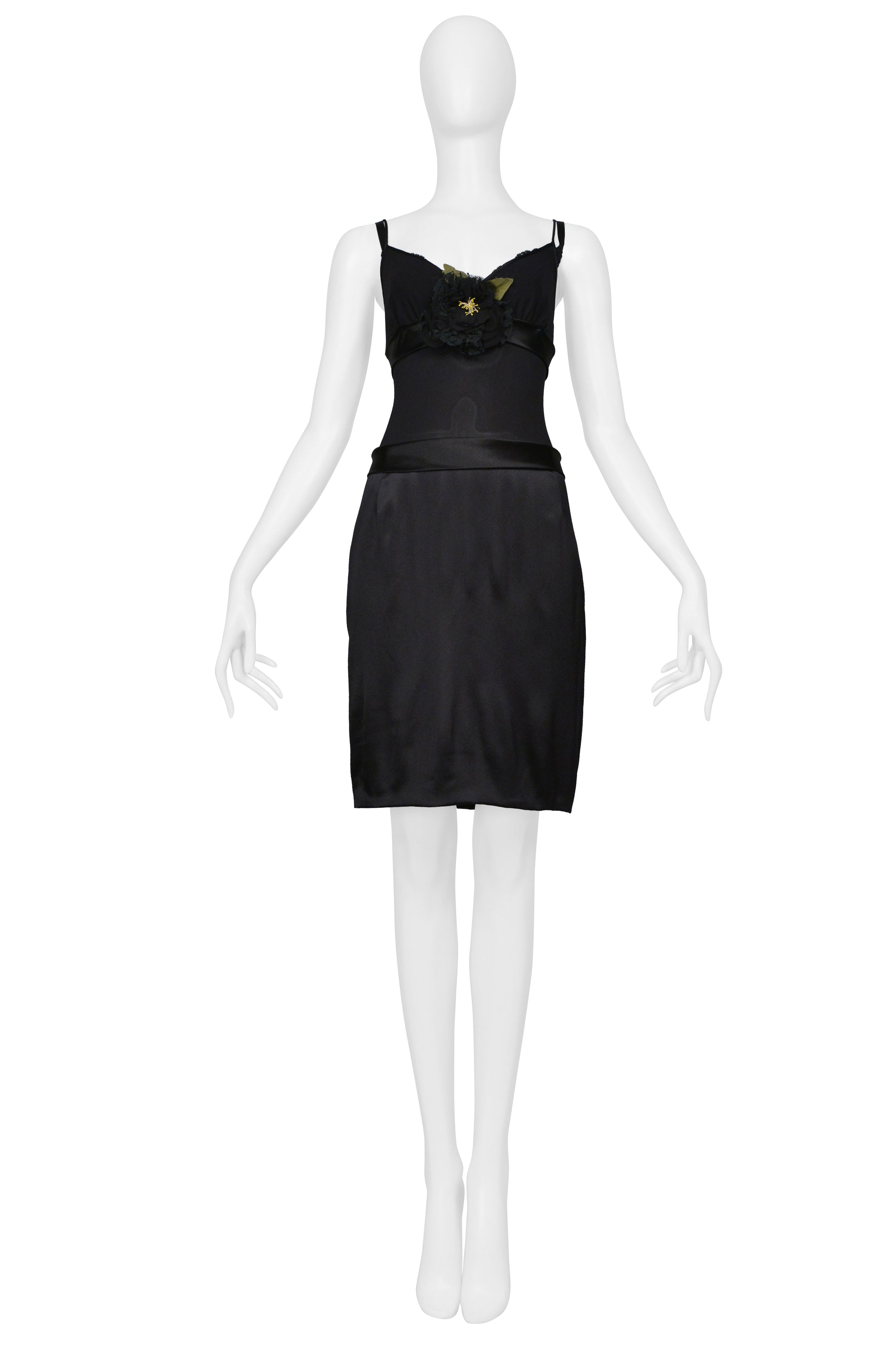DOLCE & GABBANA BLACK SATIN SLIP DRESS WITH FLOWER