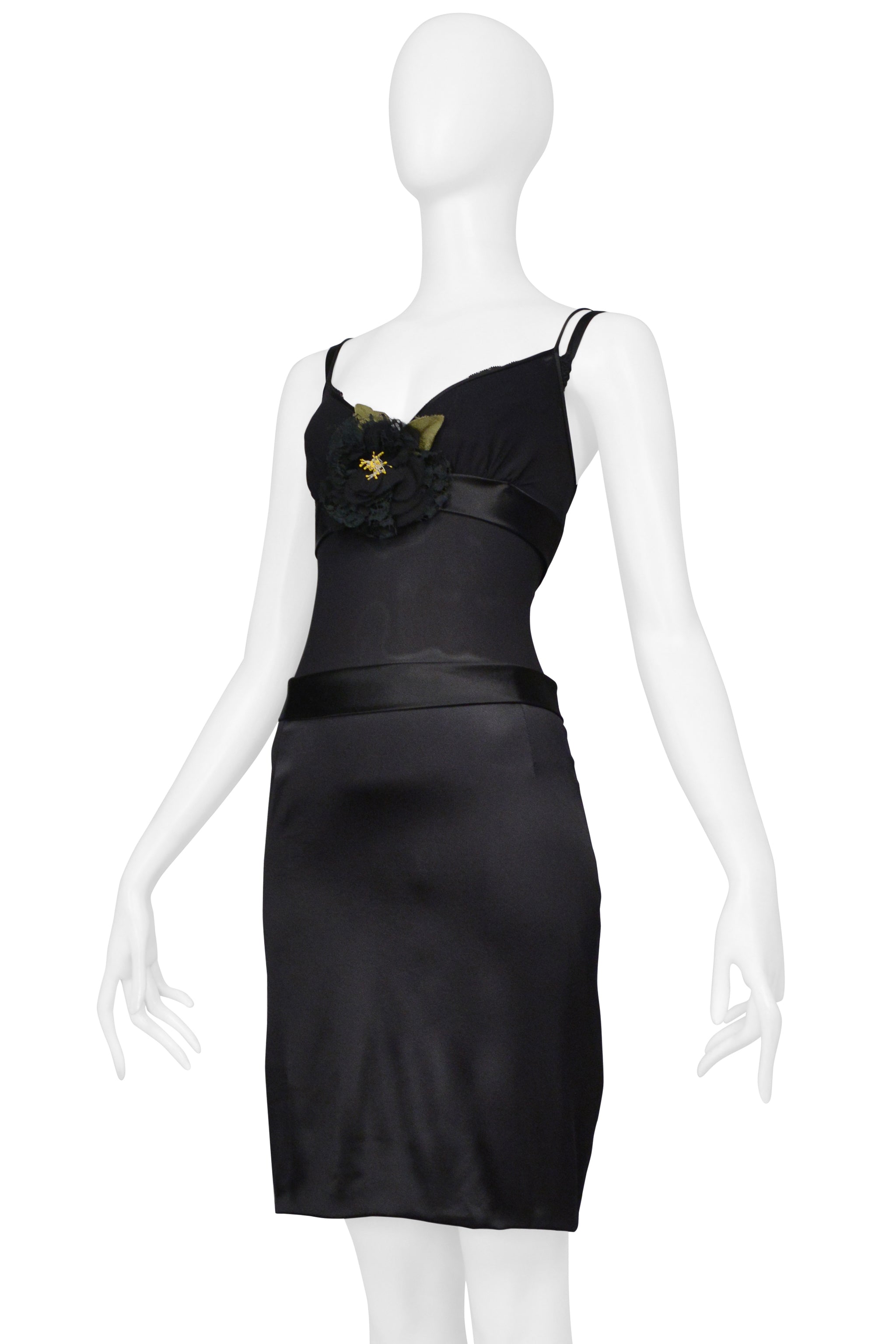 DOLCE & GABBANA BLACK SATIN SLIP DRESS WITH FLOWER