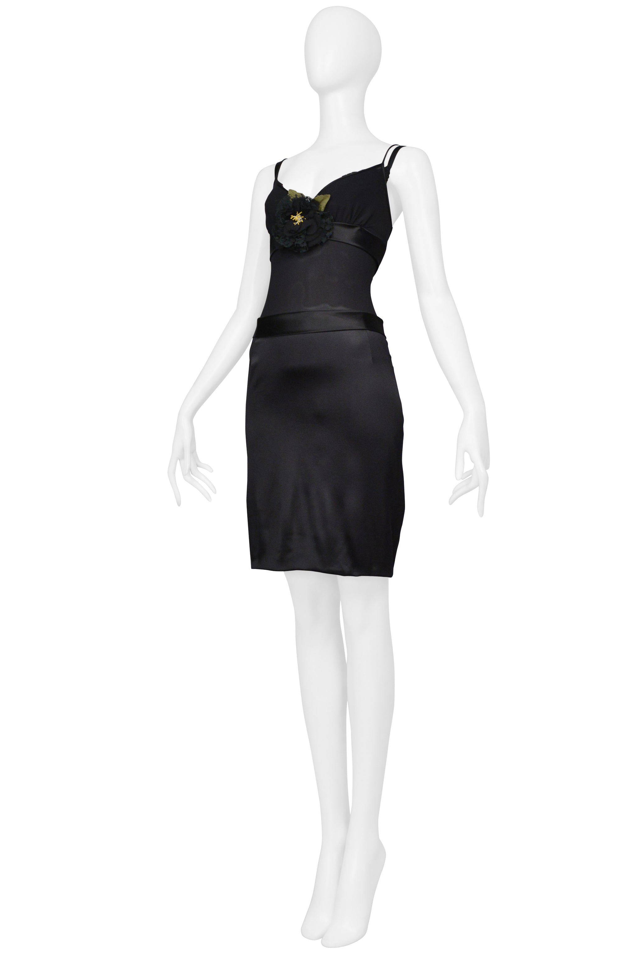 DOLCE & GABBANA BLACK SATIN SLIP DRESS WITH FLOWER
