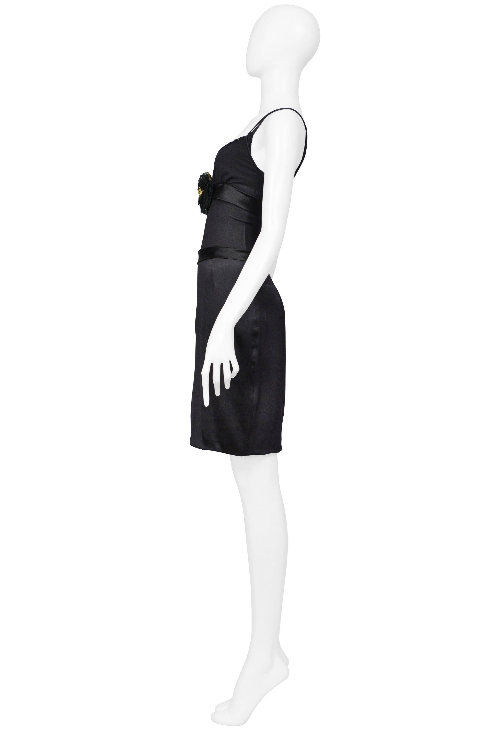 DOLCE & GABBANA BLACK SATIN SLIP DRESS WITH FLOWER