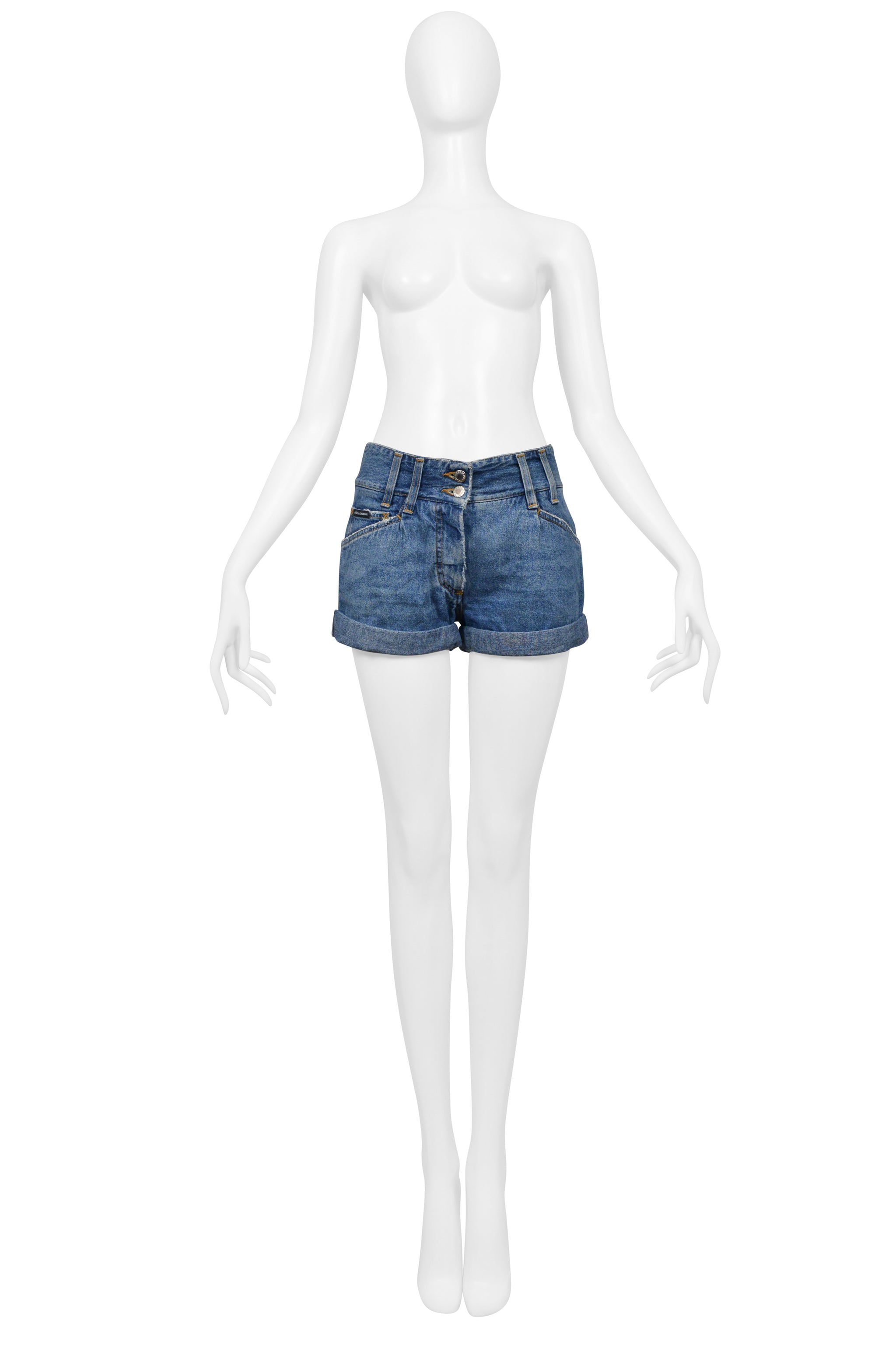DOLCE & GABBANA BLUE DENIM HIGH-WAISTED SUPER MINI SHORTS WITH CUFFS