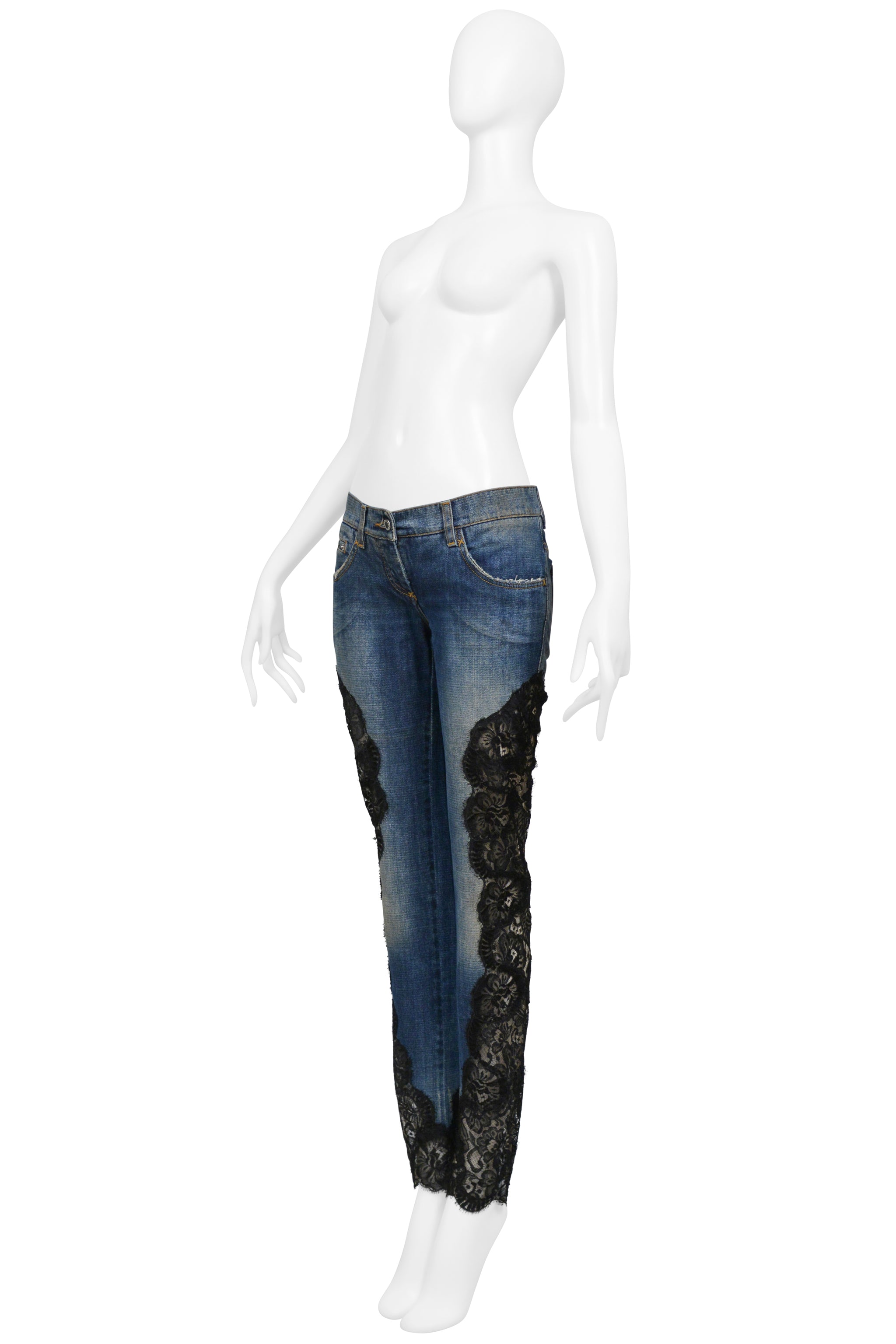 DOLCE & GABBANA BLUE DENIM JEANS WITH BLACK LACE SIDE INSETS