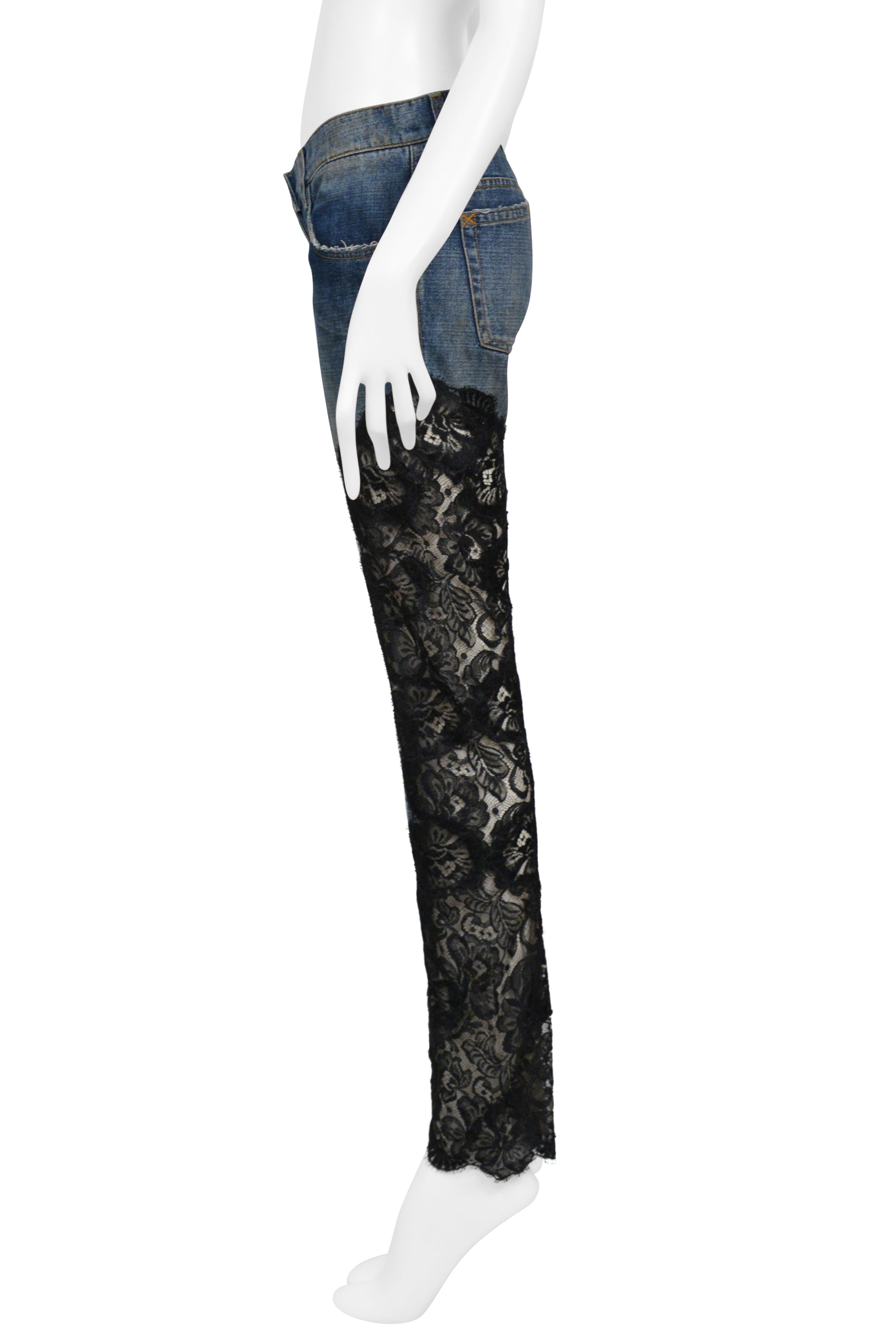 DOLCE & GABBANA BLUE DENIM JEANS WITH BLACK LACE SIDE INSETS
