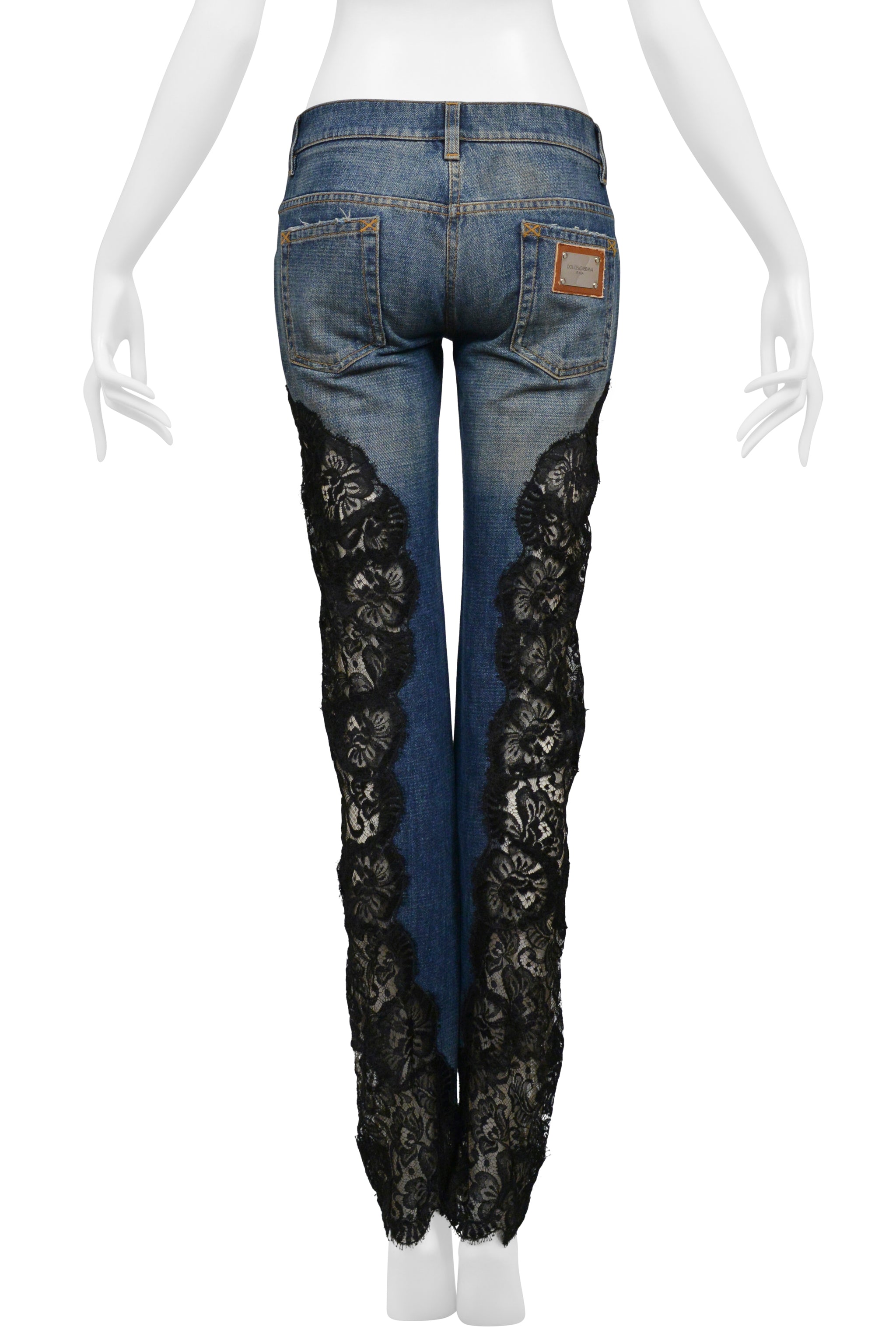 DOLCE & GABBANA BLUE DENIM JEANS WITH BLACK LACE SIDE INSETS