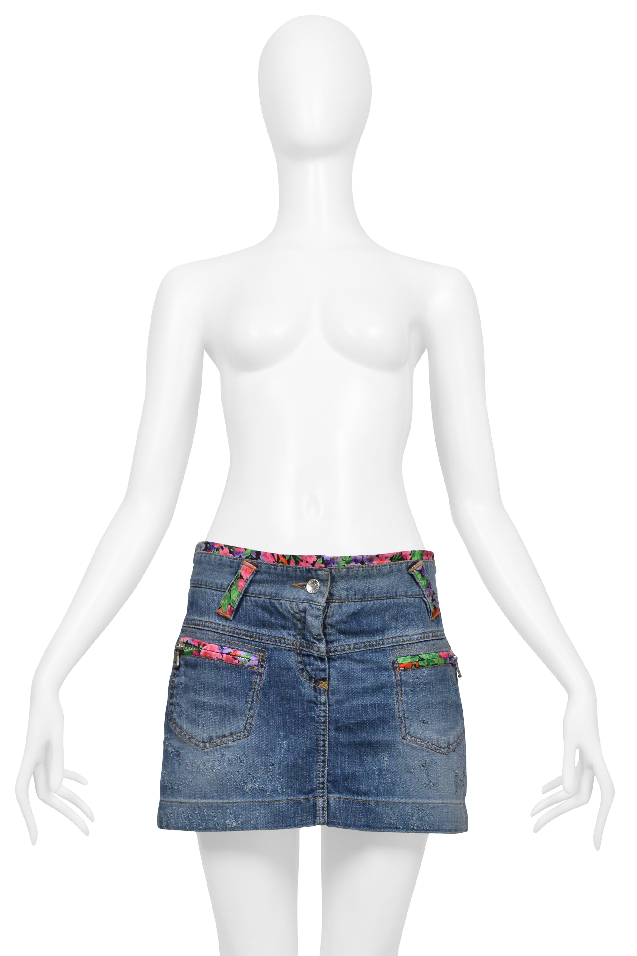 DOLCE & GABBANA BLUE DENIM SUPER-MINI SKIRT WITH FLORAL TRIM