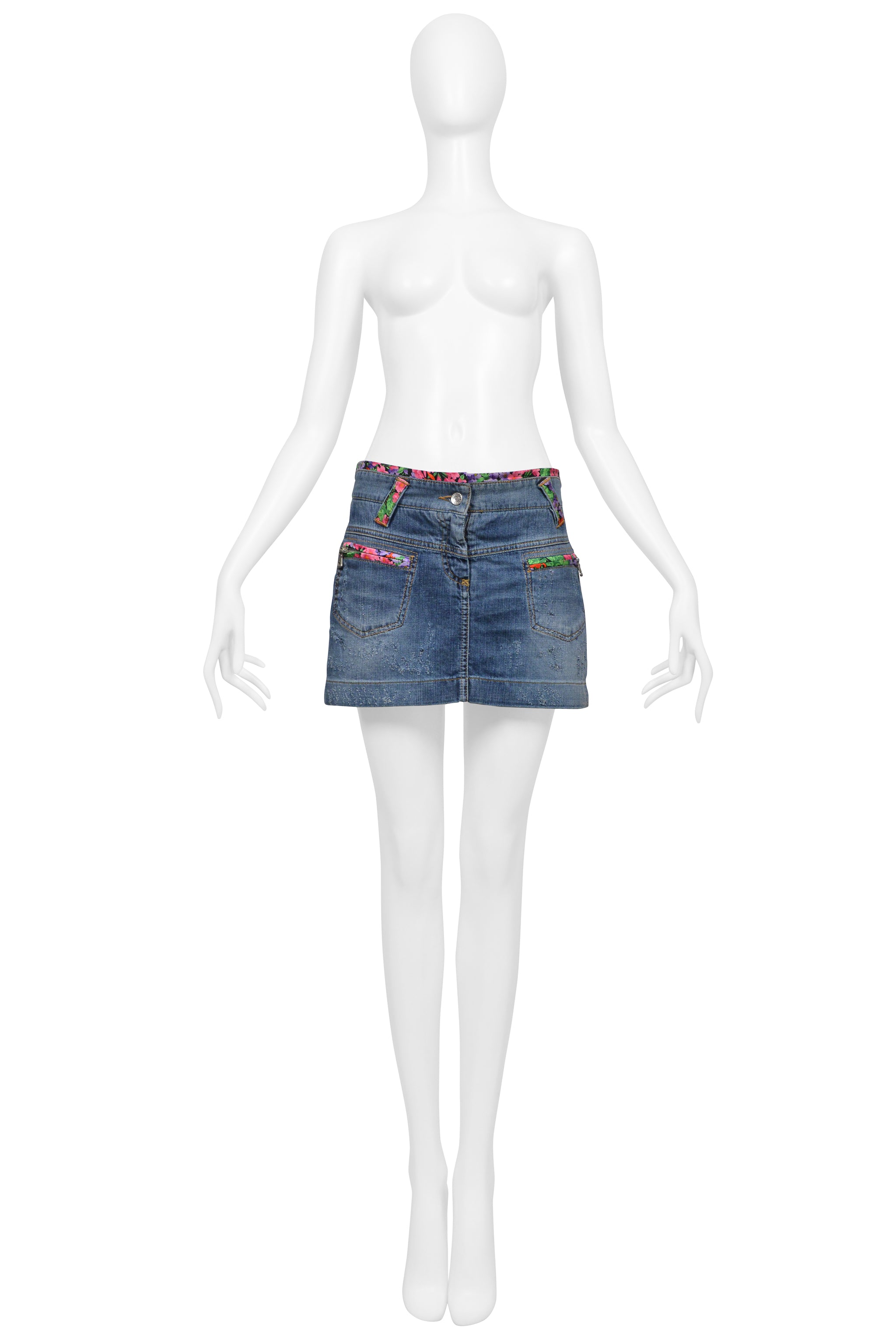 DOLCE & GABBANA BLUE DENIM SUPER-MINI SKIRT WITH FLORAL TRIM