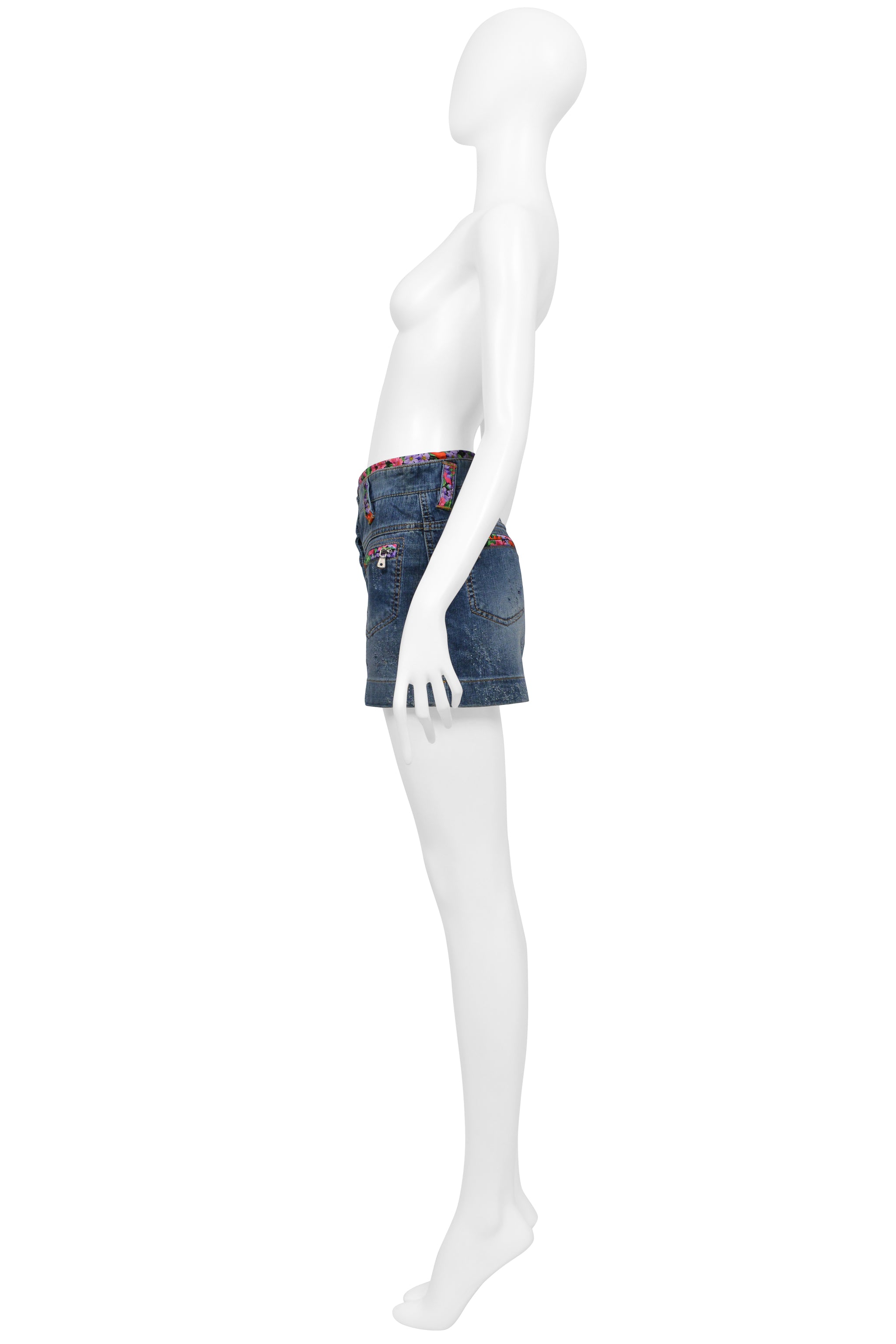 DOLCE & GABBANA BLUE DENIM SUPER-MINI SKIRT WITH FLORAL TRIM