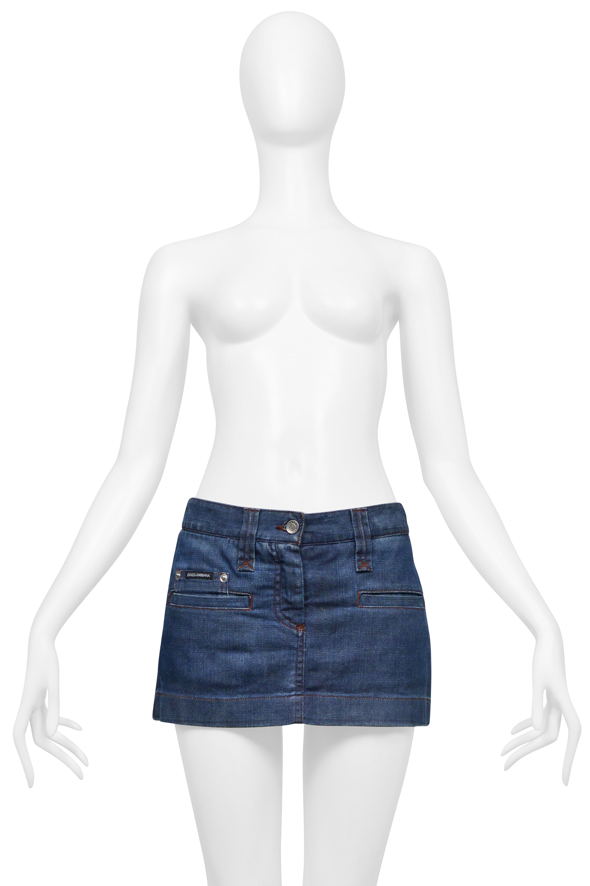 DOLCE & GABBANA BLUE DENIM SUPER-MINI SKIRT WITH BROWN LEATHER EMBOSSED D&G