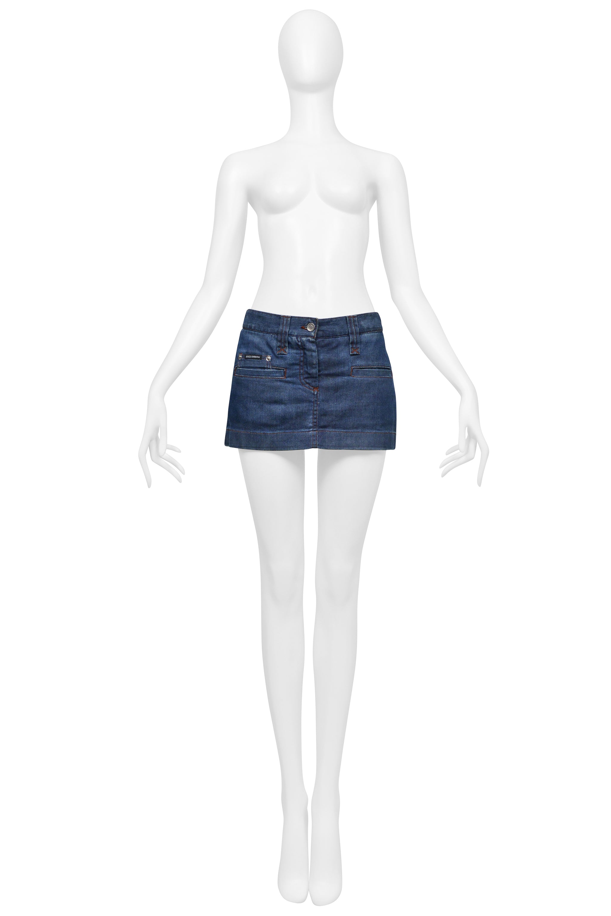 DOLCE & GABBANA BLUE DENIM SUPER-MINI SKIRT WITH BROWN LEATHER EMBOSSED D&G