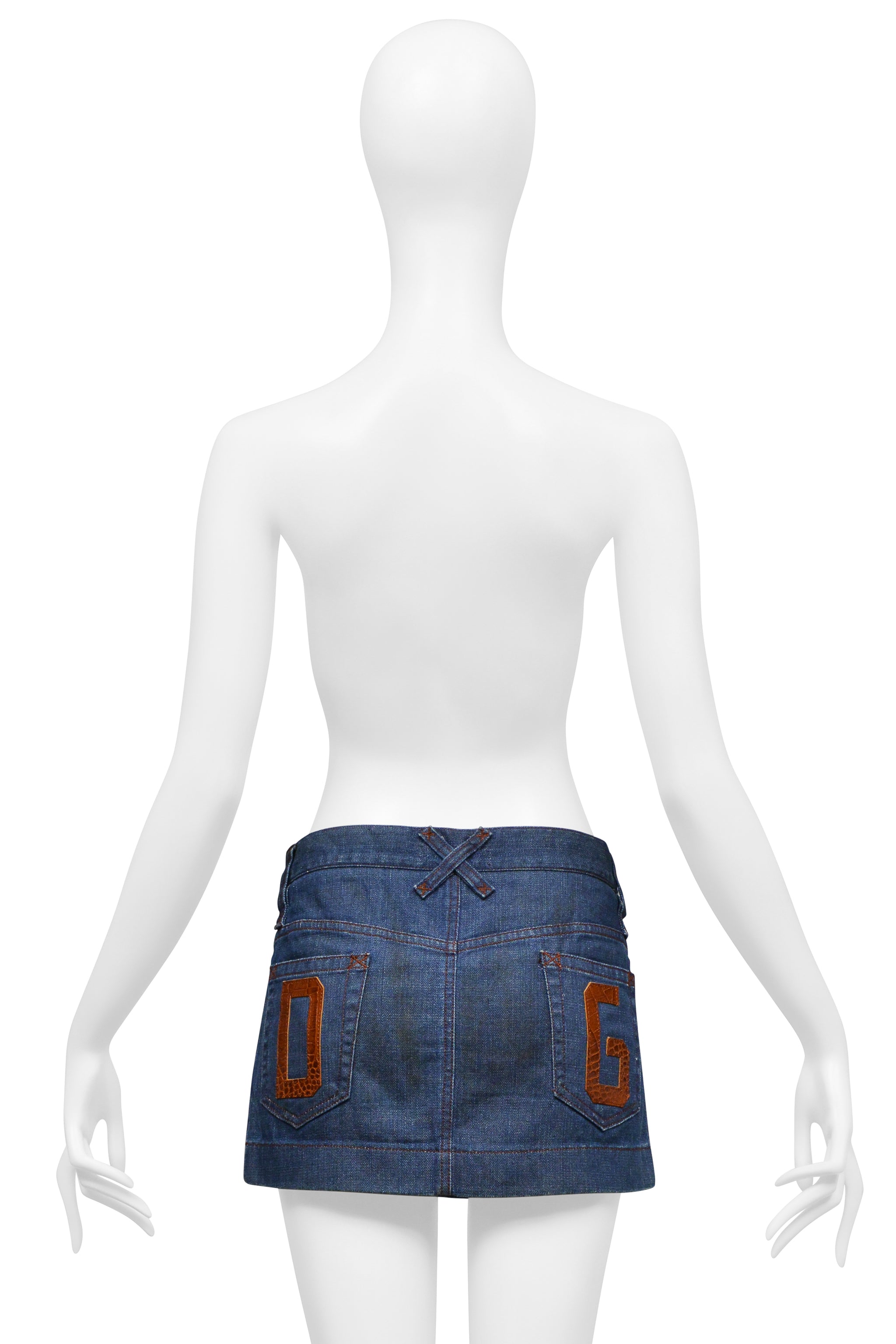 DOLCE & GABBANA BLUE DENIM SUPER-MINI SKIRT WITH BROWN LEATHER EMBOSSED D&G