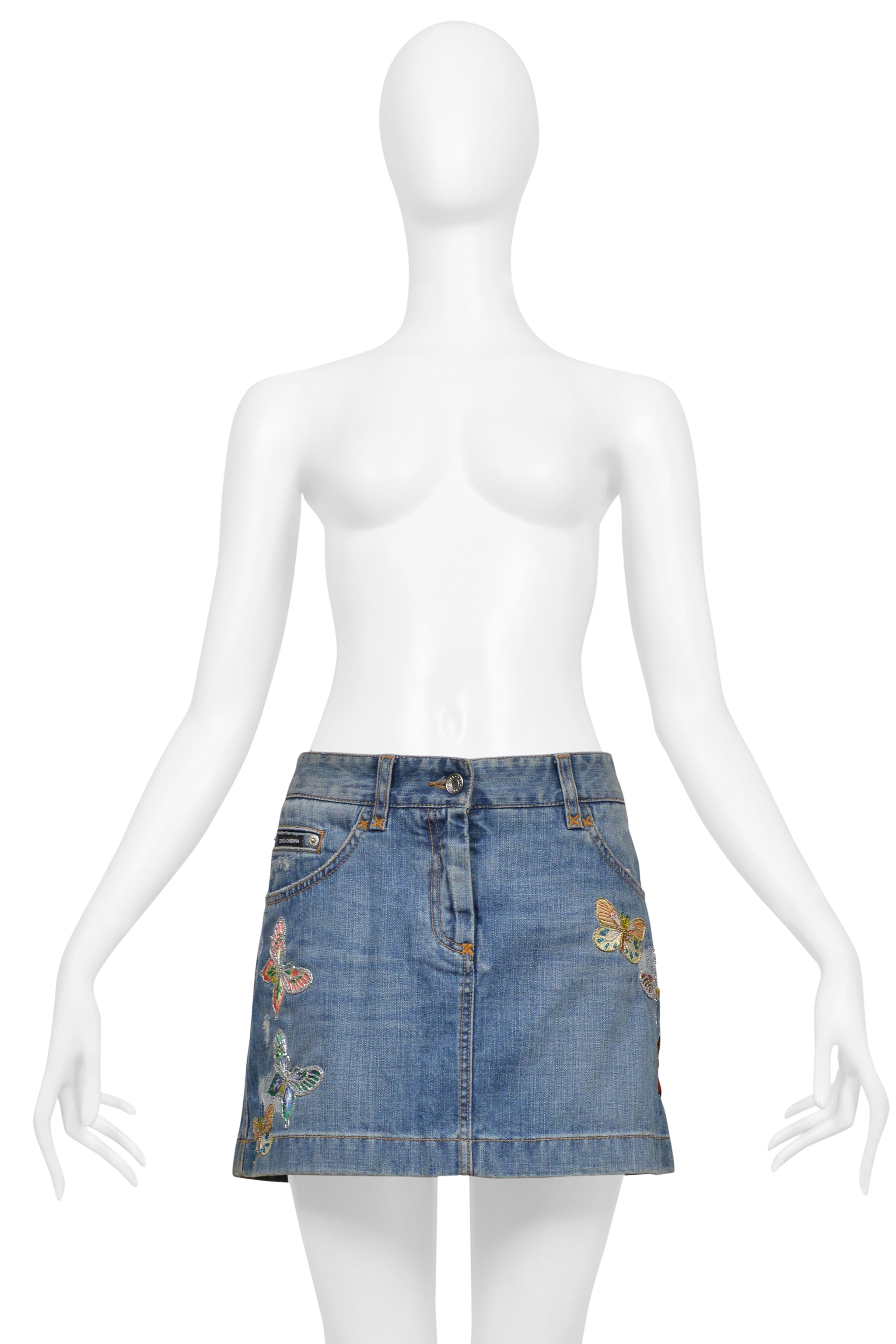 DOLCE & GABBANA BLUE DENIM SUPER-MINI SKIRT WITH EMBROIDERED BUTTERFLIES