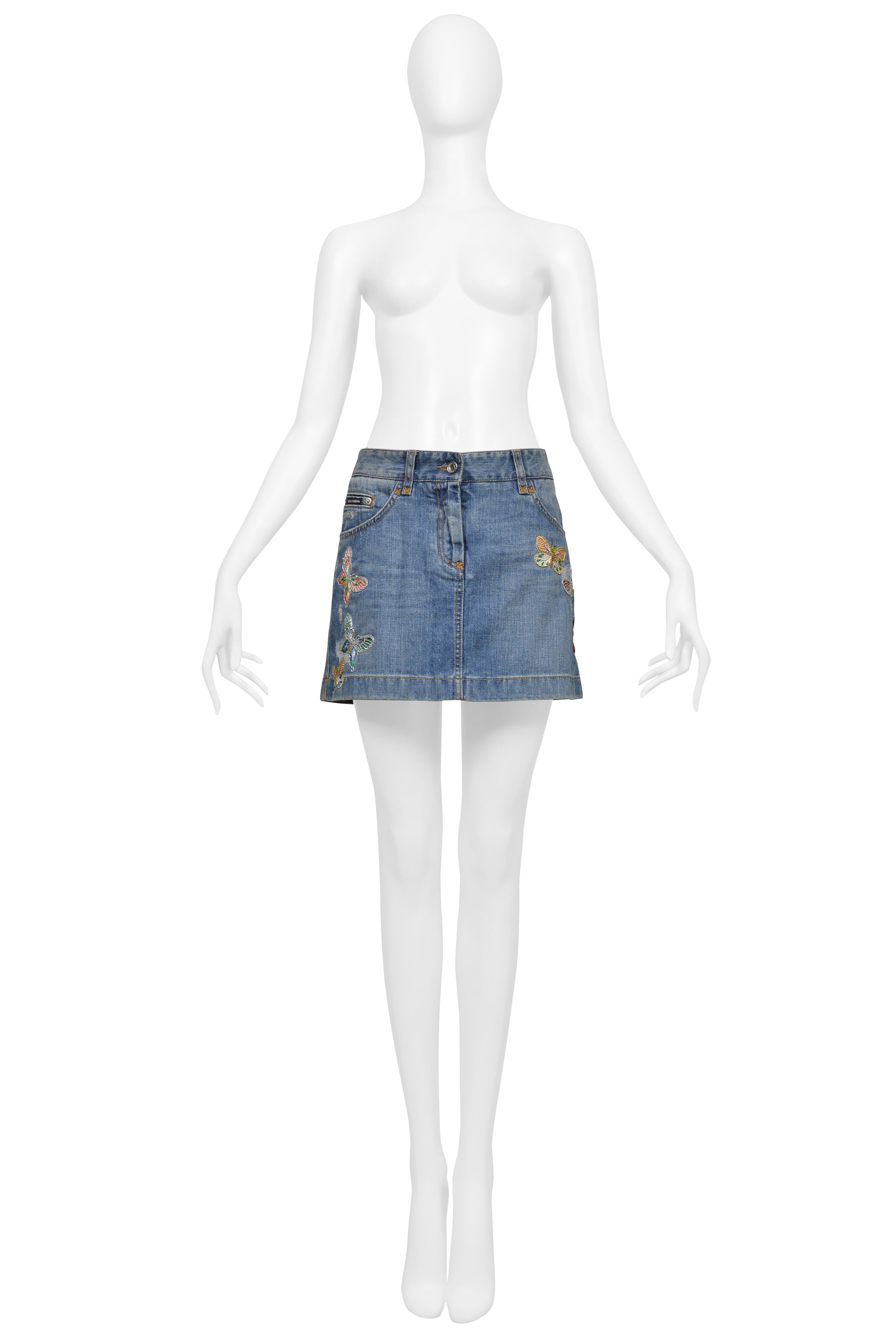 DOLCE & GABBANA BLUE DENIM SUPER-MINI SKIRT WITH EMBROIDERED BUTTERFLIES
