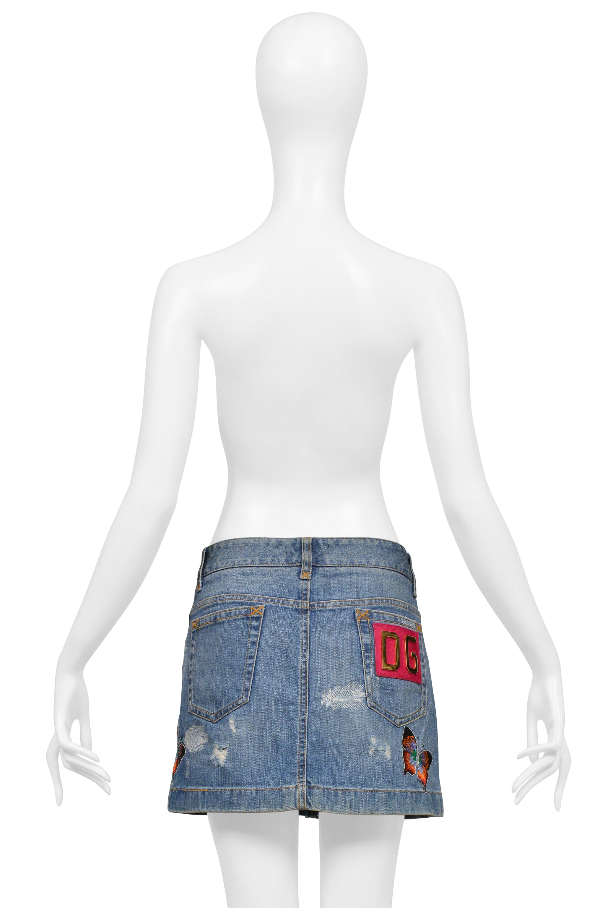 DOLCE & GABBANA BLUE DENIM SUPER-MINI SKIRT WITH EMBROIDERED BUTTERFLIES