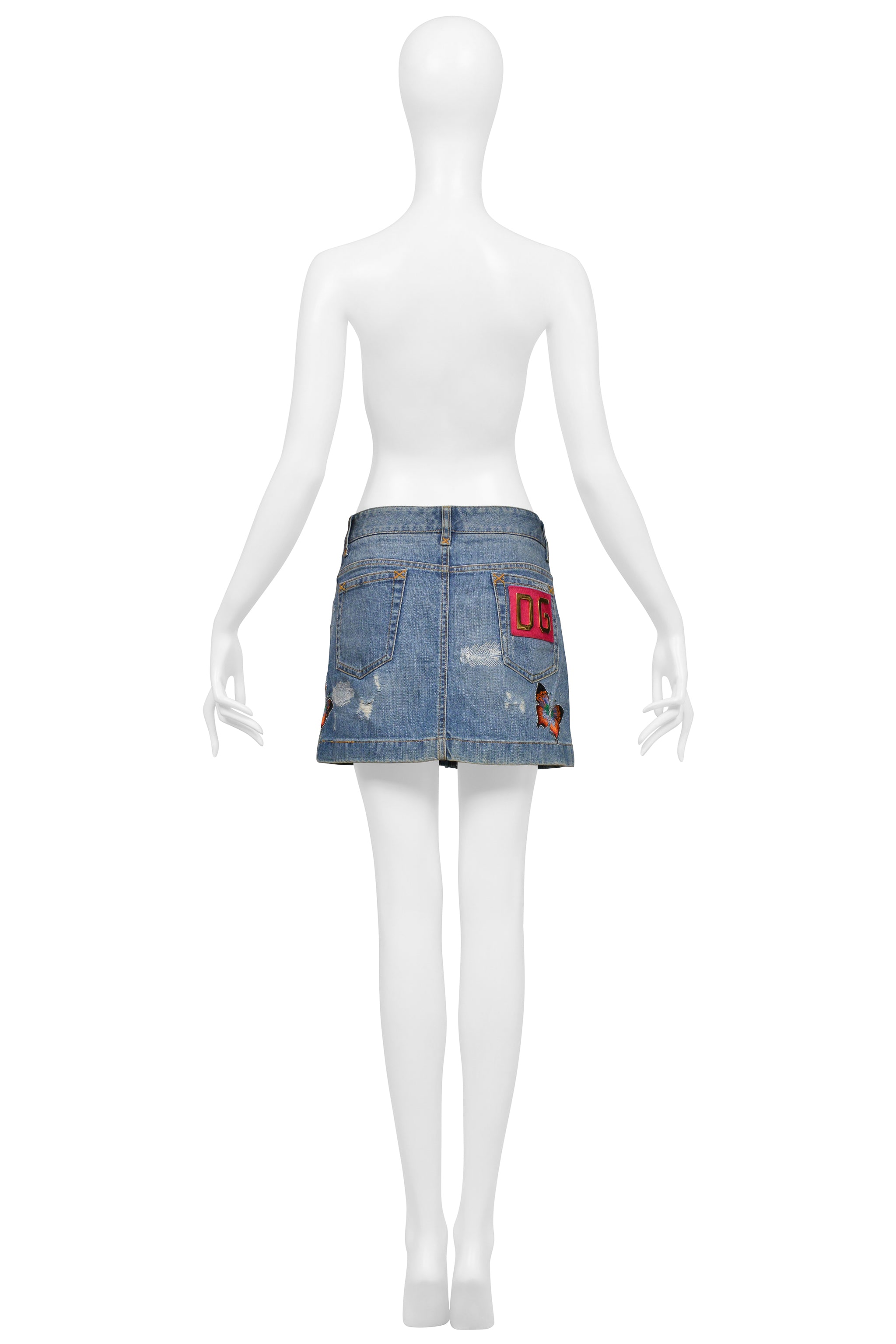 DOLCE & GABBANA BLUE DENIM SUPER-MINI SKIRT WITH EMBROIDERED BUTTERFLIES