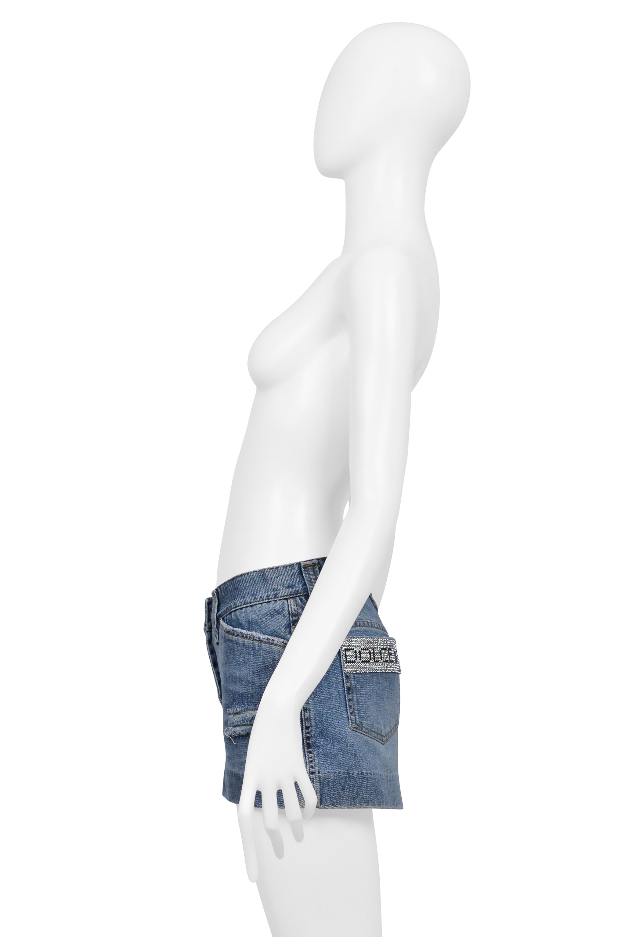 DOLCE & GABBANA BLUE DENIM WASH DISTRESSED SUPER-MINI SKIRT WITH RHINESTONES