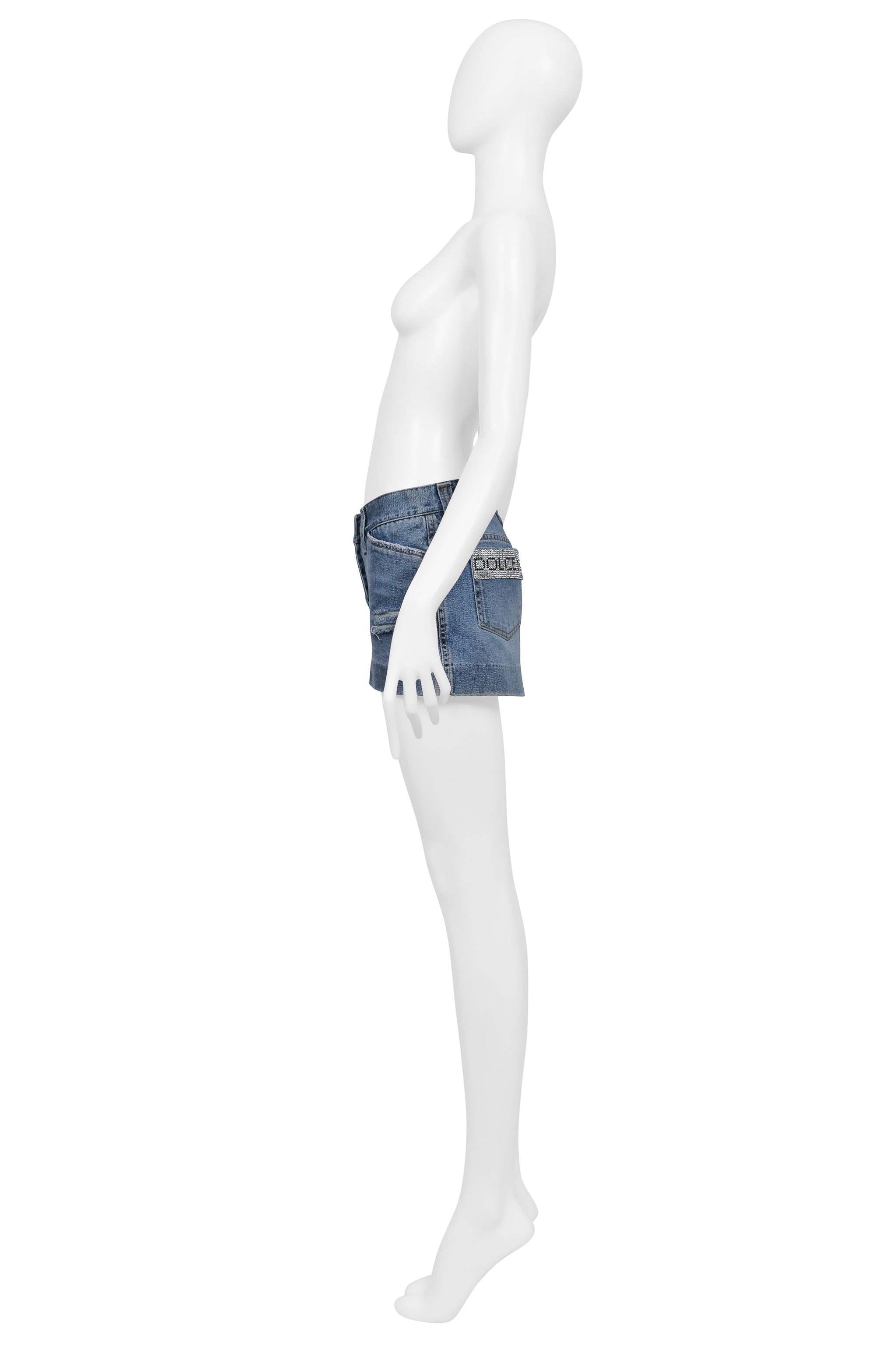 DOLCE & GABBANA BLUE DENIM WASH DISTRESSED SUPER-MINI SKIRT WITH RHINESTONES