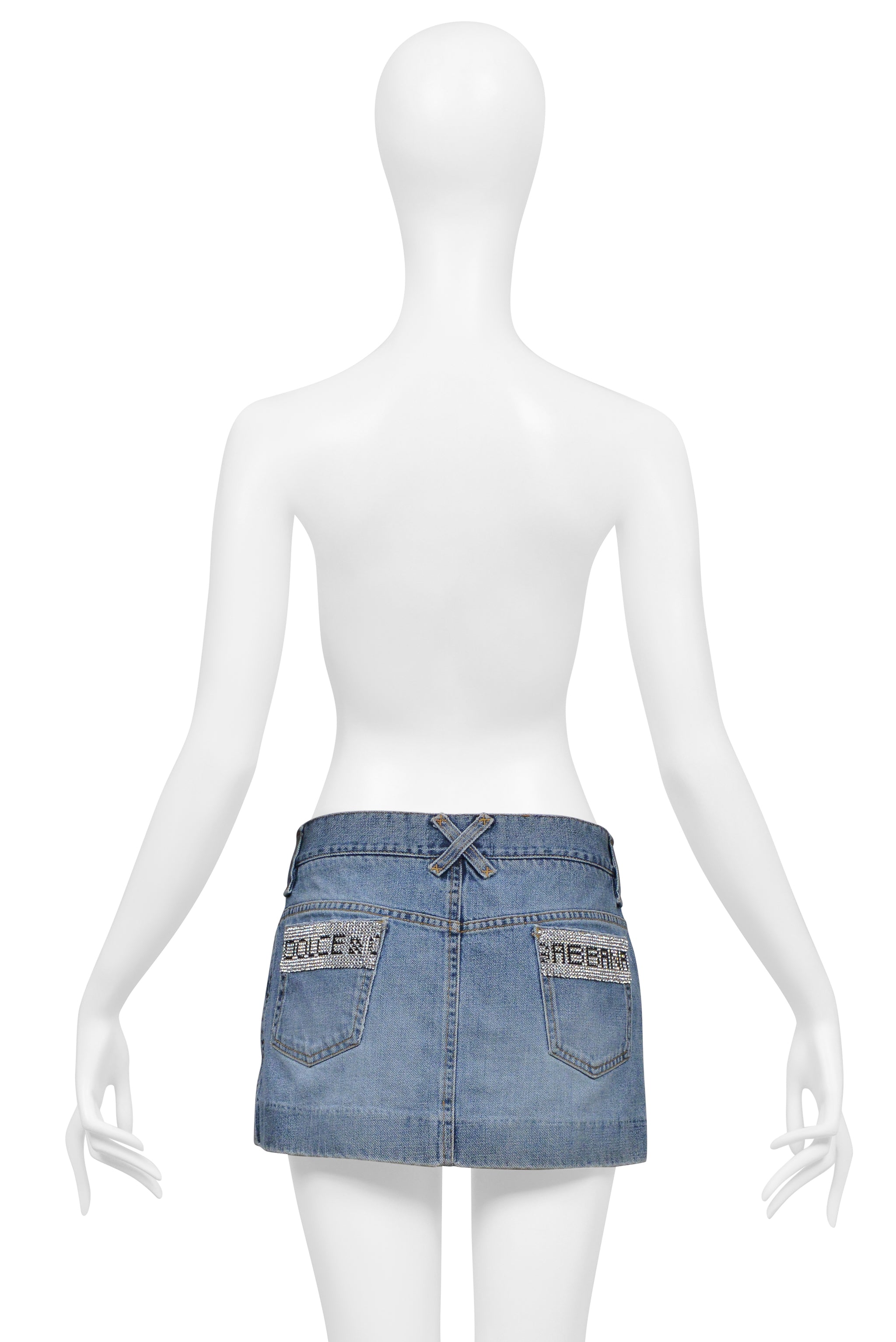 DOLCE & GABBANA BLUE DENIM WASH DISTRESSED SUPER-MINI SKIRT WITH RHINESTONES