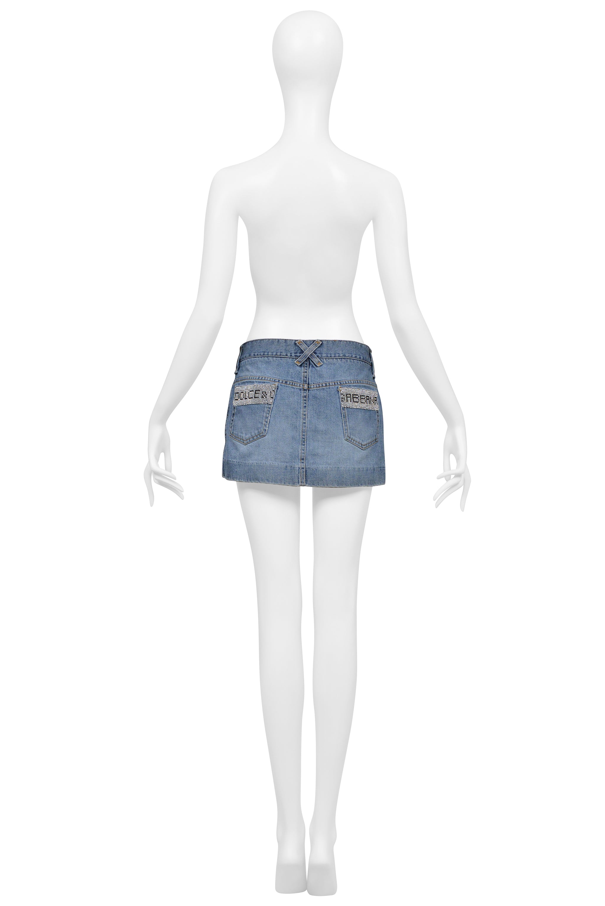 DOLCE & GABBANA BLUE DENIM WASH DISTRESSED SUPER-MINI SKIRT WITH RHINESTONES