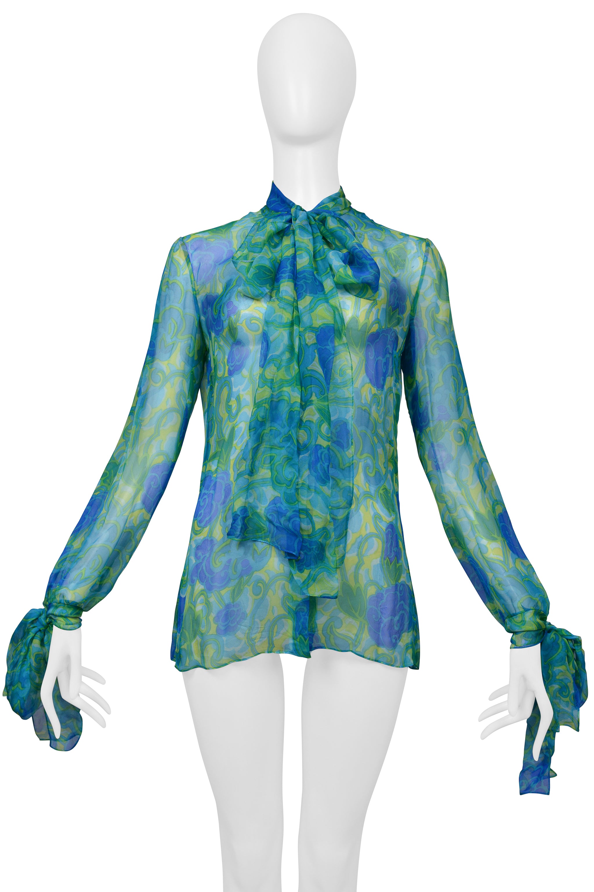 DOLCE & GABBANA BLUE & GREEN FLORAL CHIFFON PUSSY BOW BLOUSE