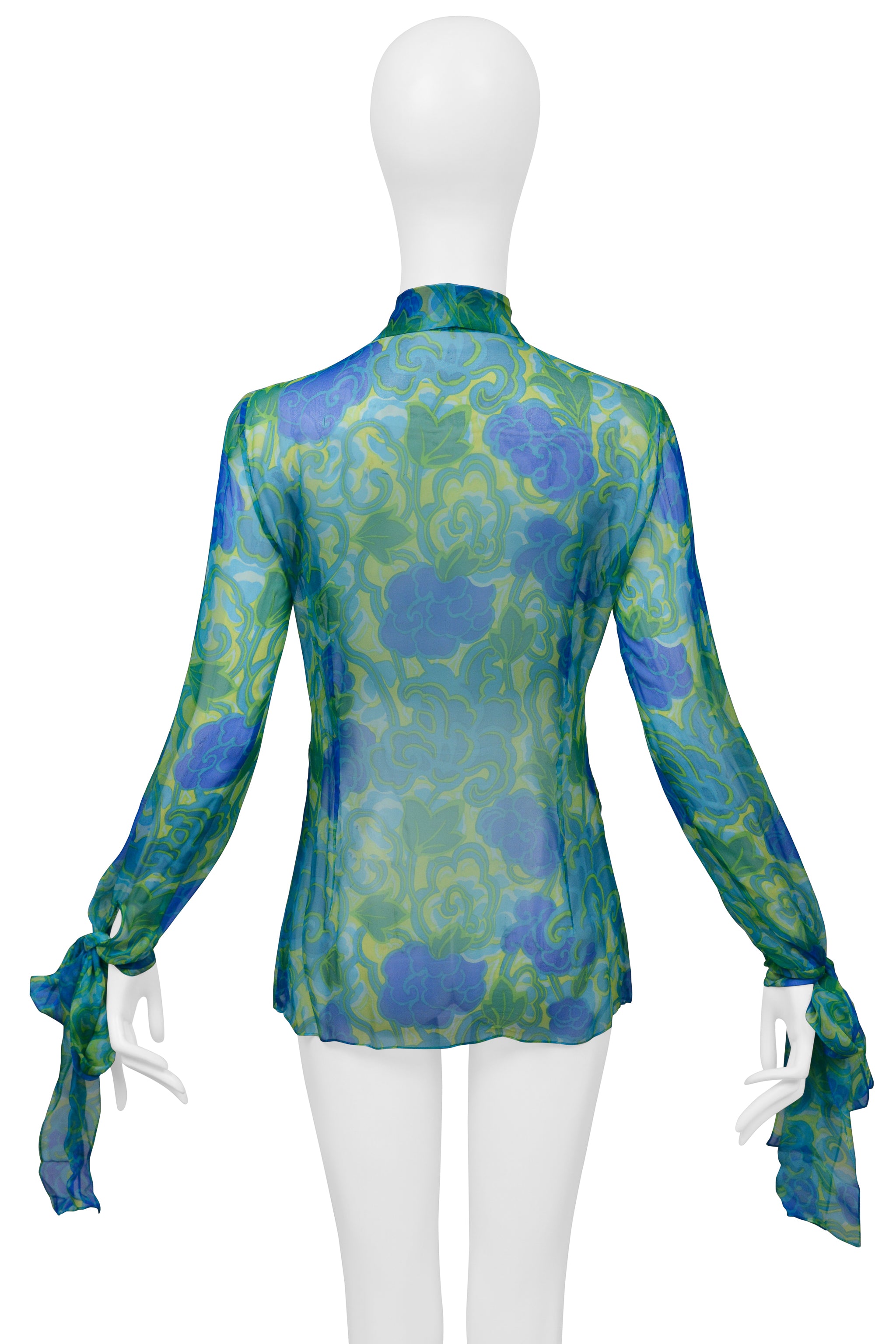 DOLCE & GABBANA BLUE & GREEN FLORAL CHIFFON PUSSY BOW BLOUSE