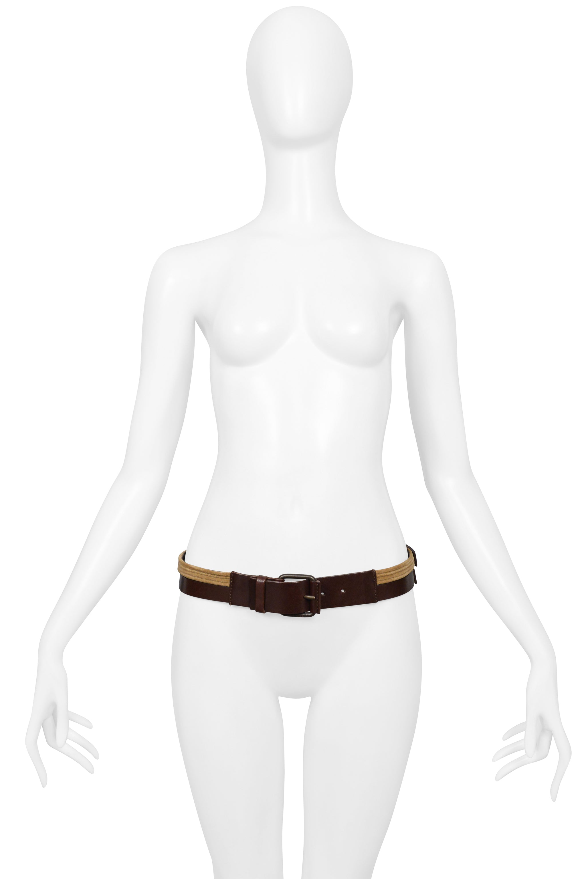 DOLCE & GABBANA BROWN LEATHER BELT WITH VELVET TRIM AND BUCKLES