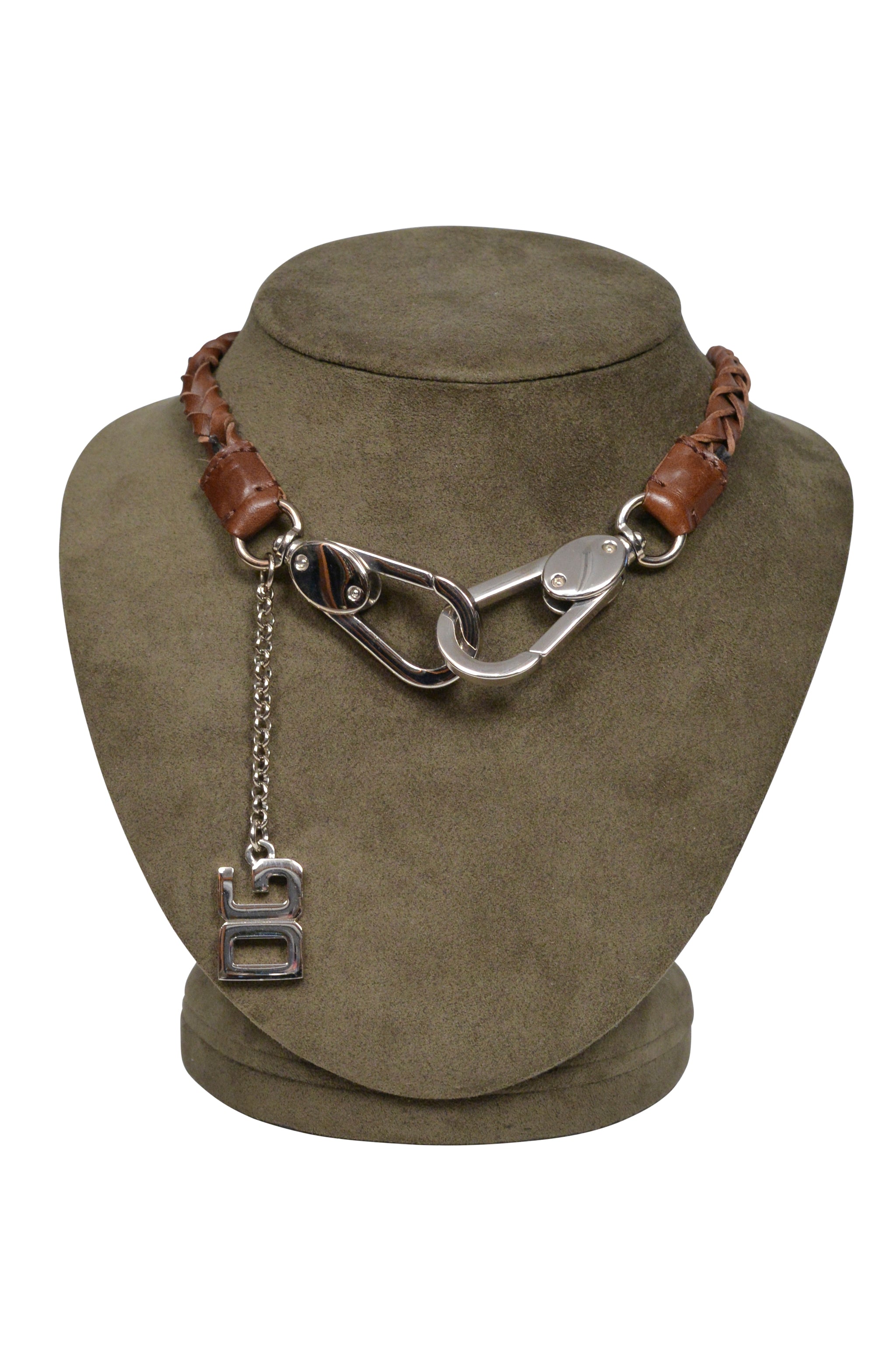 DOLCE & GABBANA BROWN LEATHER BRAIDED ROPE NECKLACE WITH SILVER HARDWARE