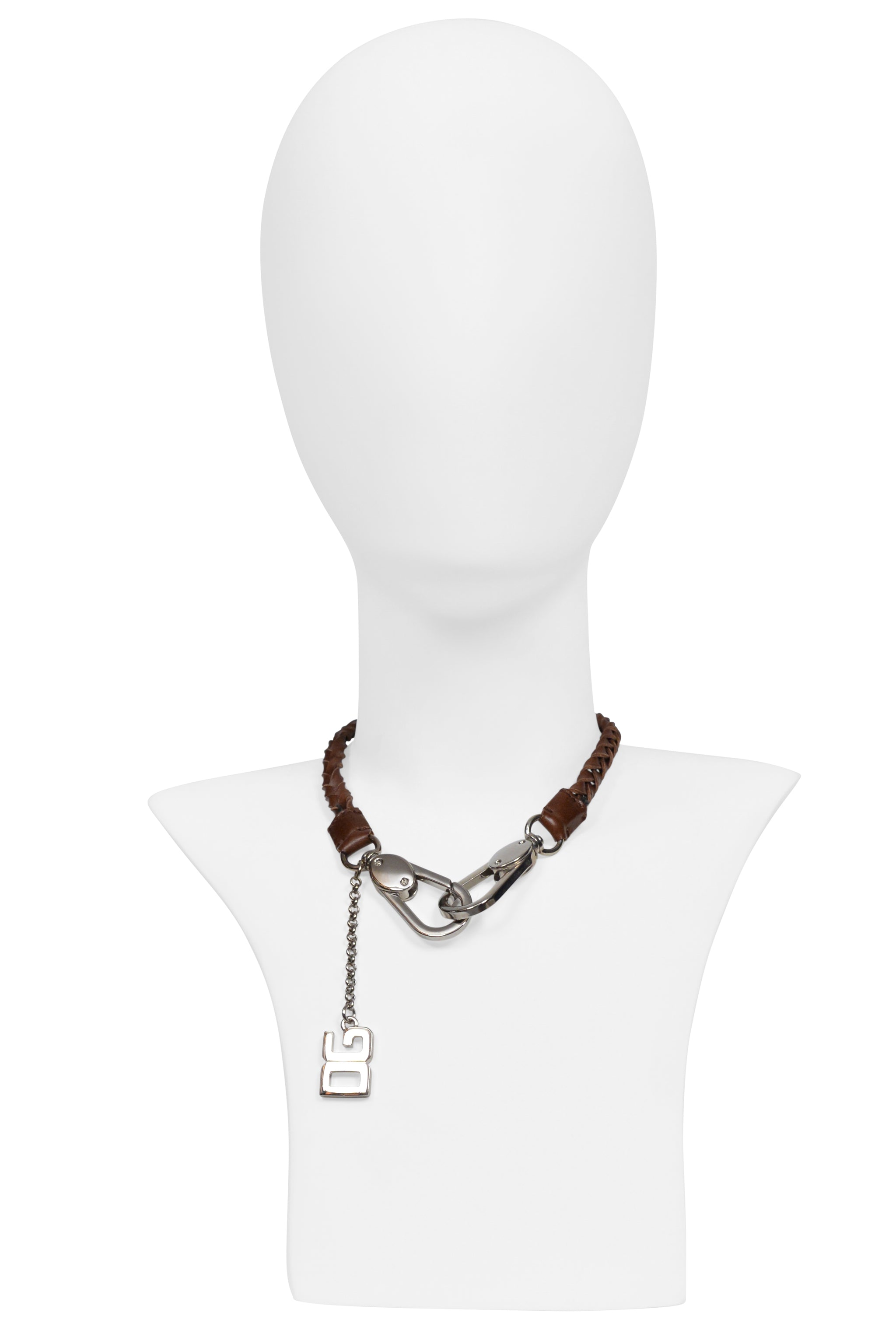 DOLCE & GABBANA BROWN LEATHER BRAIDED ROPE NECKLACE WITH SILVER HARDWARE