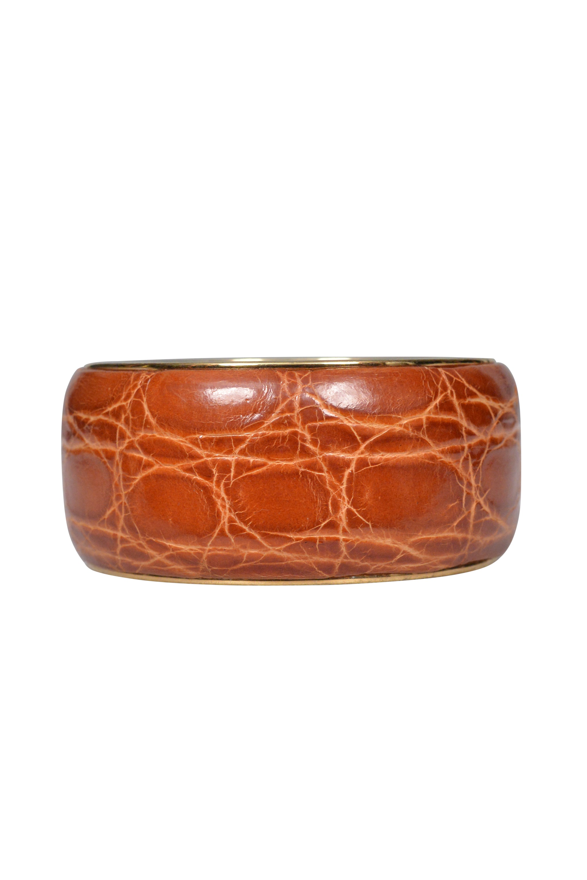 DOLCE & GABBANA BROWN GLAZED CROCODILE EMBOSSED LEATHER COVERED BRASS BANGLE BRACELET