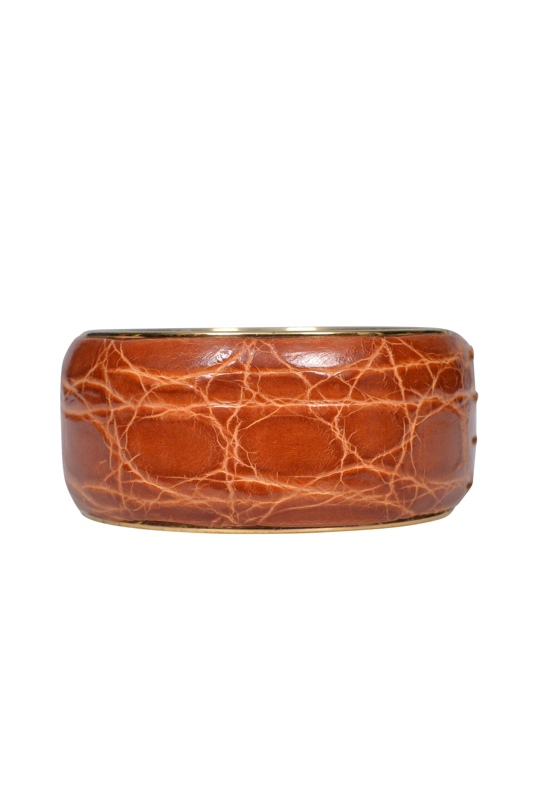 DOLCE & GABBANA BROWN GLAZED CROCODILE EMBOSSED LEATHER COVERED BRASS BANGLE BRACELET