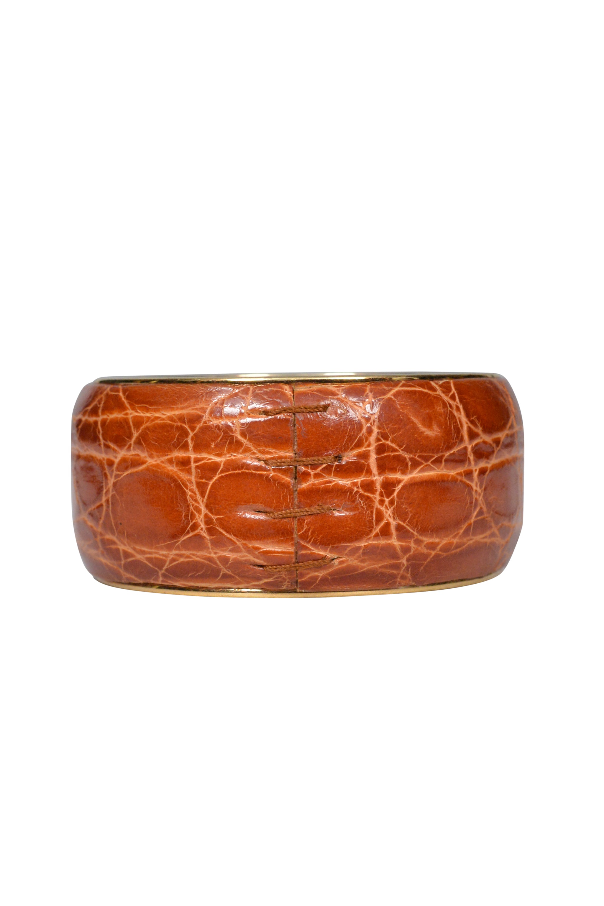 DOLCE & GABBANA BROWN GLAZED CROCODILE EMBOSSED LEATHER COVERED BRASS BANGLE BRACELET