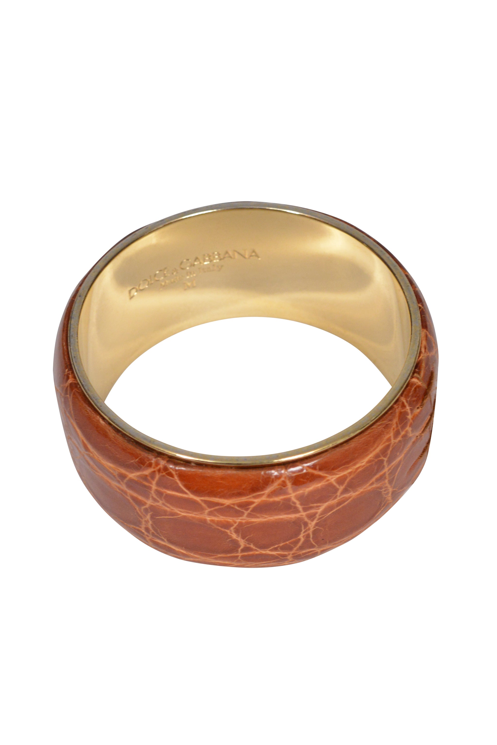 DOLCE & GABBANA BROWN GLAZED CROCODILE EMBOSSED LEATHER COVERED BRASS BANGLE BRACELET