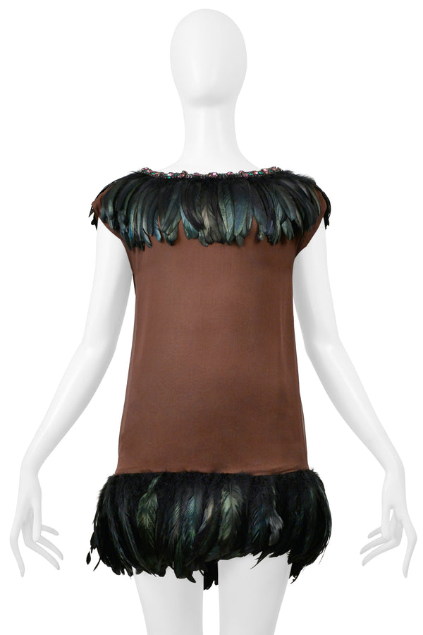 DOLCE & GABBANA BROWN MINI DRESS WITH FEATHERS