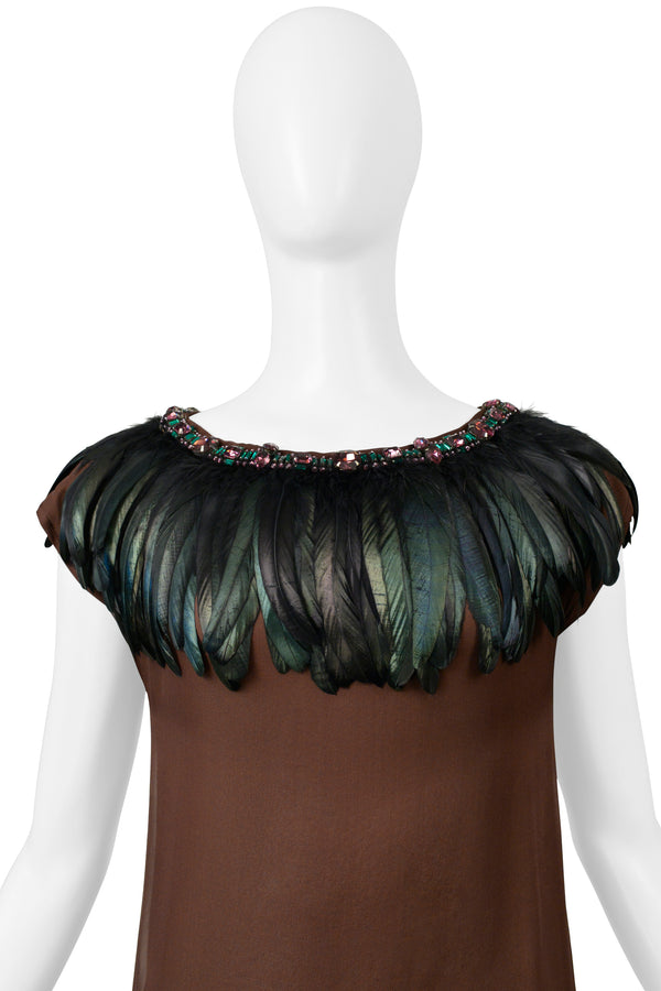 DOLCE & GABBANA BROWN MINI DRESS WITH FEATHERS