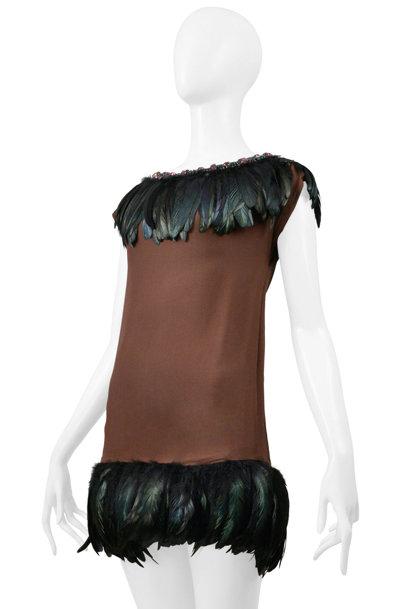 DOLCE & GABBANA BROWN MINI DRESS WITH FEATHERS