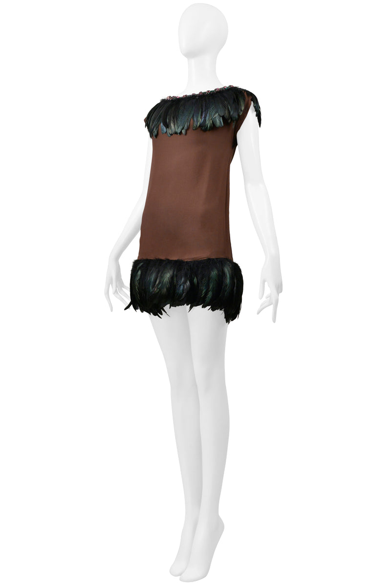 DOLCE & GABBANA BROWN MINI DRESS WITH FEATHERS