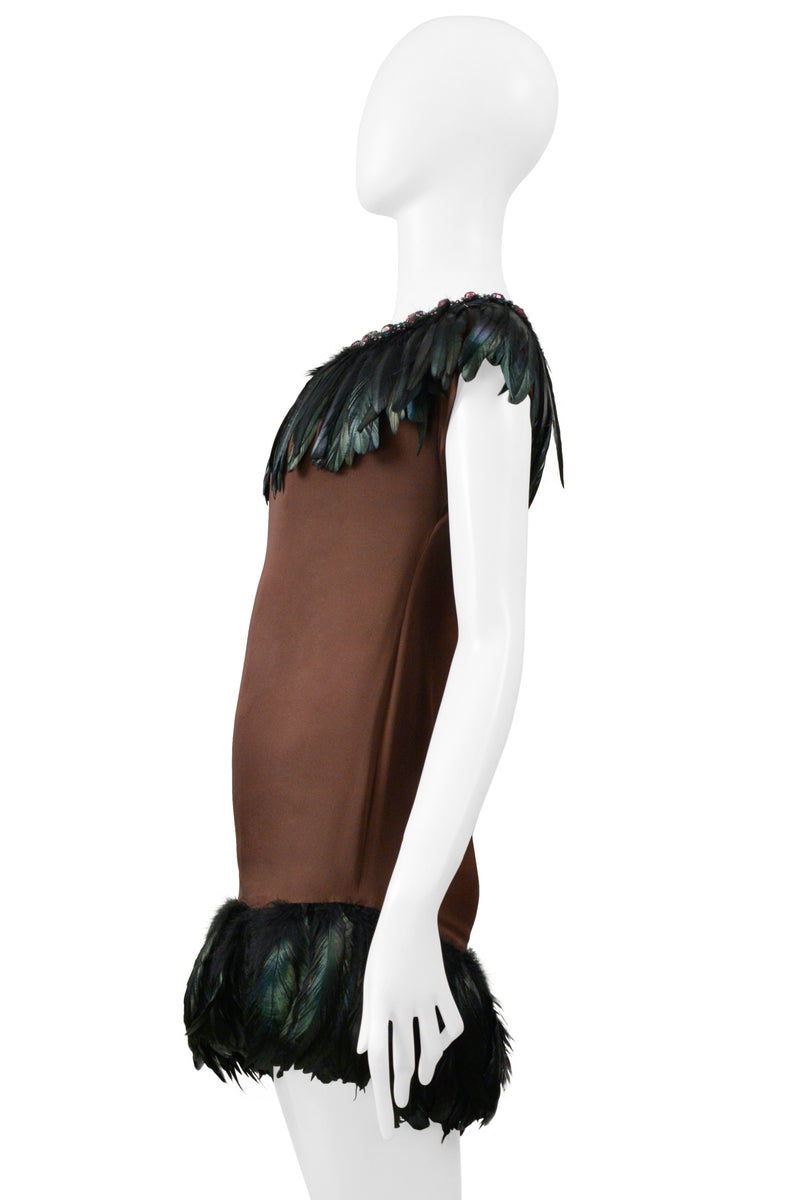 DOLCE & GABBANA BROWN MINI DRESS WITH FEATHERS