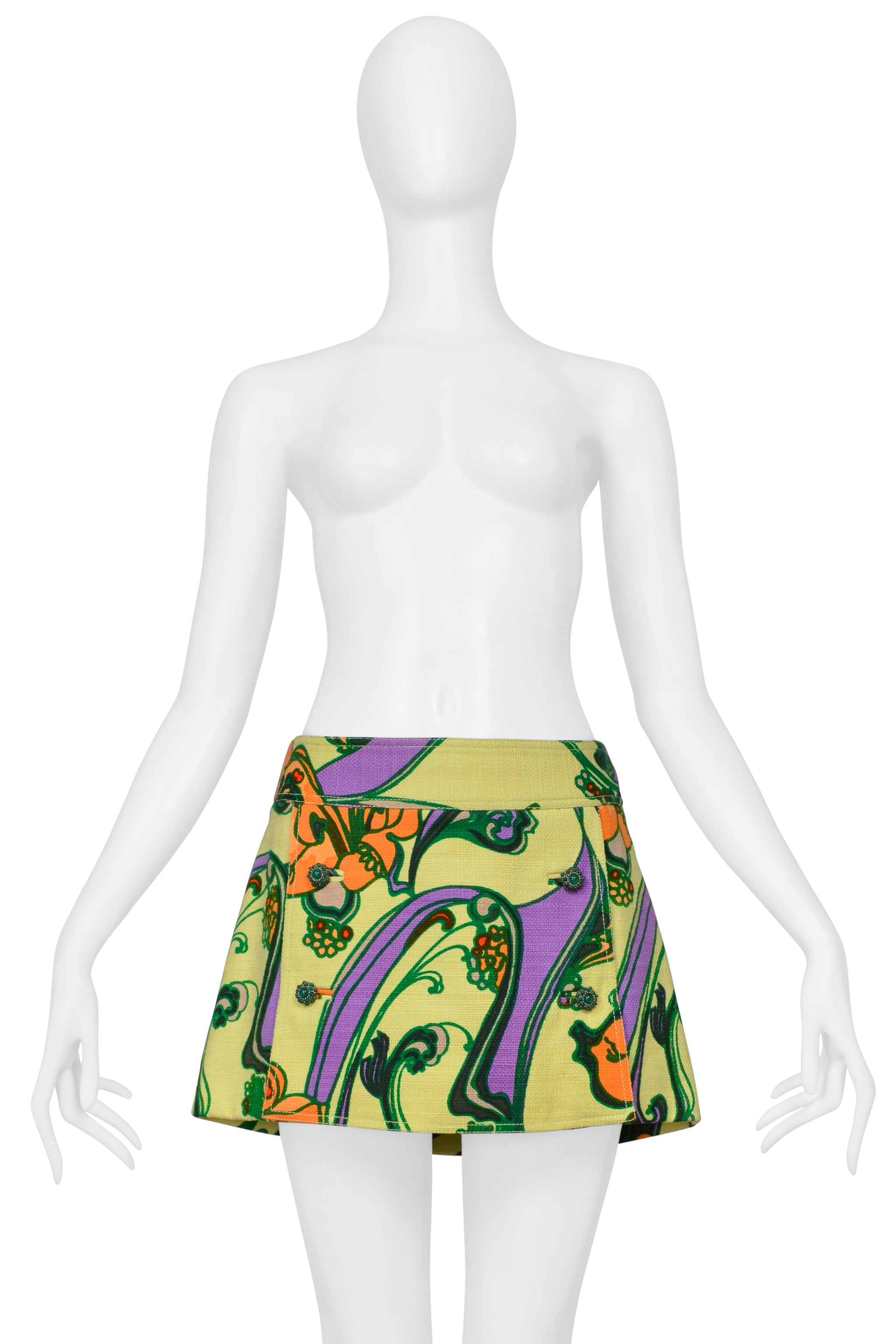 DOLCE & GABBANA CHARTREUSE FLORAL PRINT SUPER MINI SKIRT WITH JEWEL BUTTONS