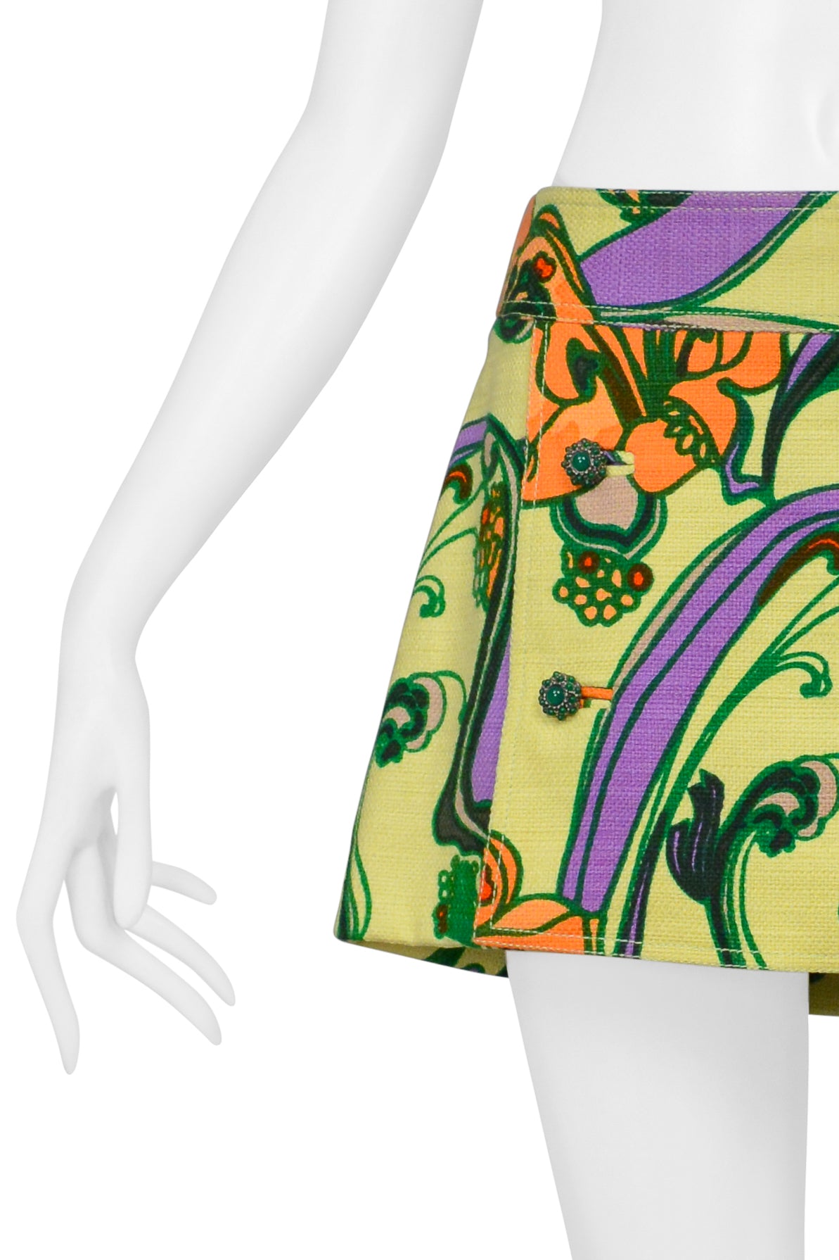 DOLCE & GABBANA CHARTREUSE FLORAL PRINT SUPER MINI SKIRT WITH JEWEL BUTTONS